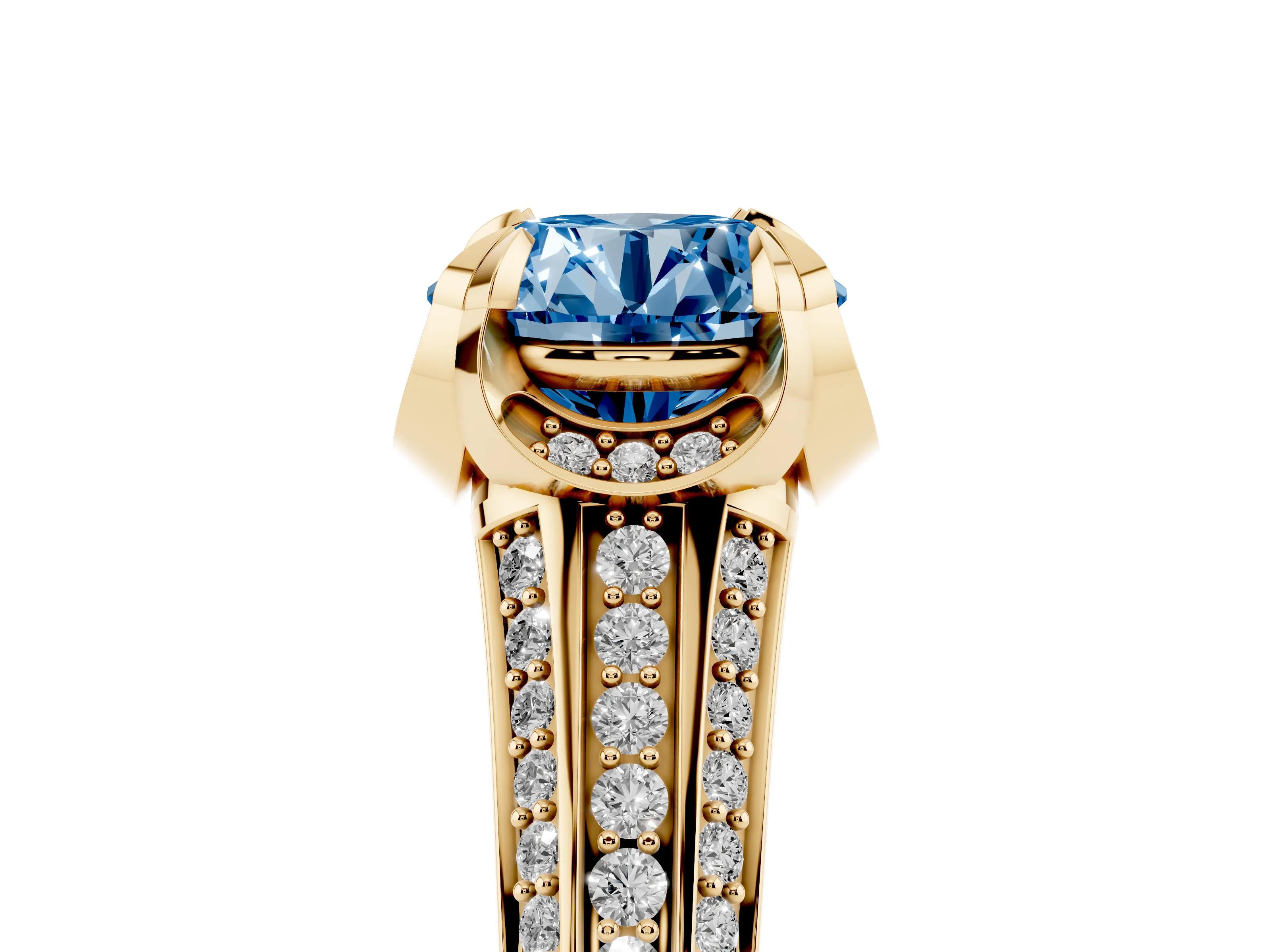 Fancy Blue Round Cut Diamond Pavé Split Shank Solitaire Ring Set in Yellow gold with Prong Setting