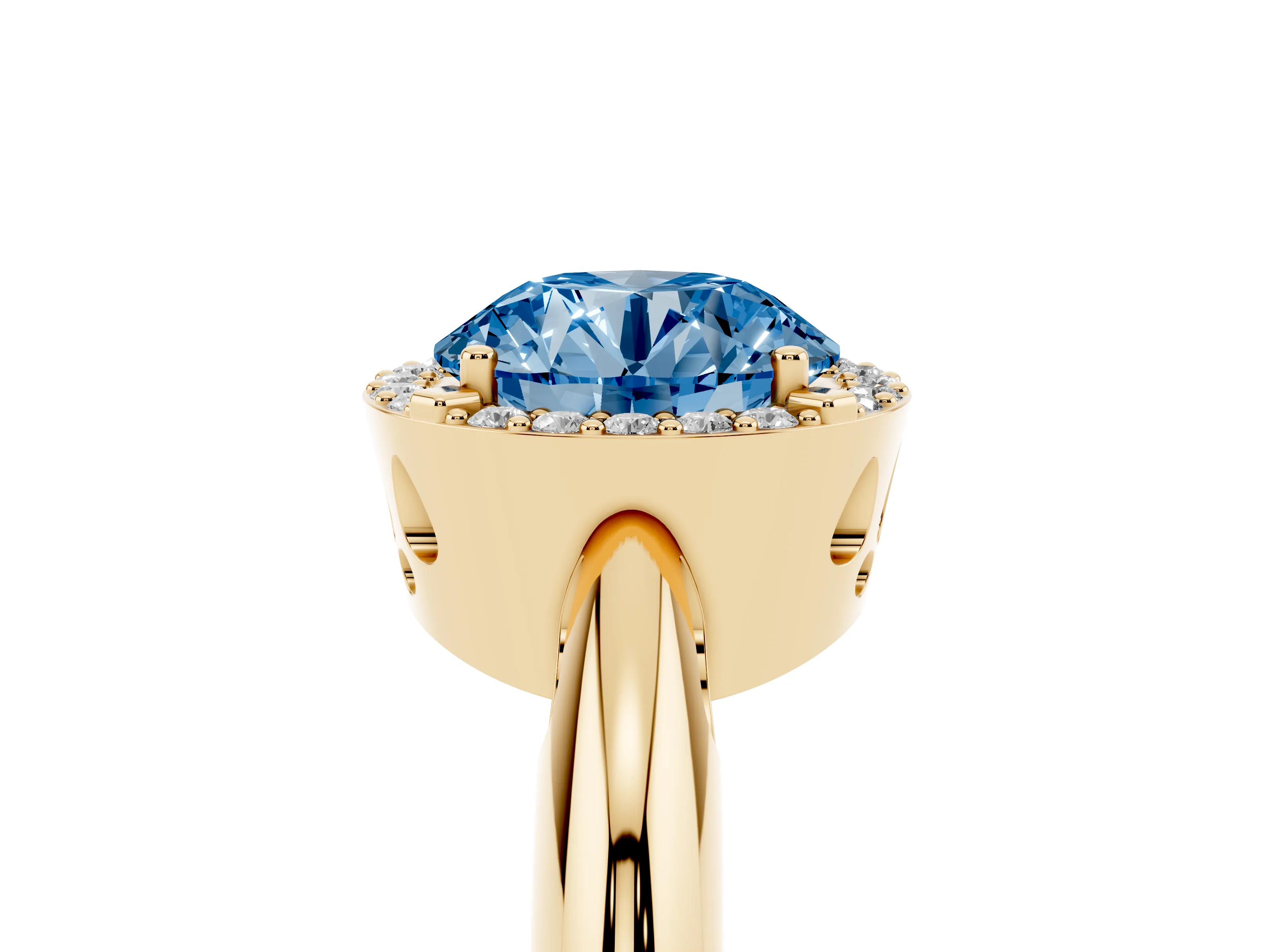 Fancy Blue Round Cut Diamond Halo Engagement Ring Set in Yellow gold with Plain Split Shank and Prong Setting
