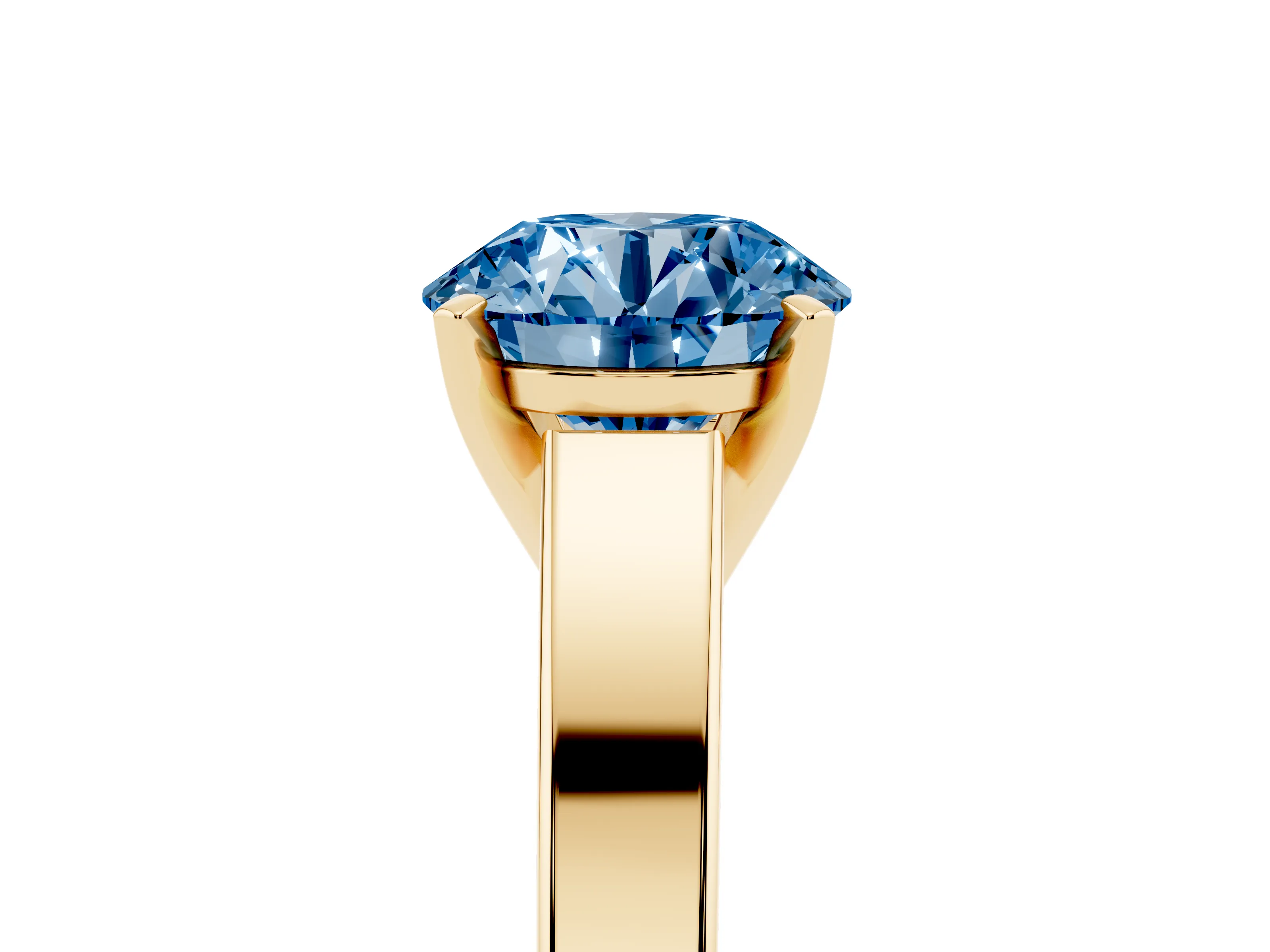 Fancy Blue Round Cut Diamond Solitaire Engagement Ring Set in Yellow gold with Prong Setting and Tapered Band