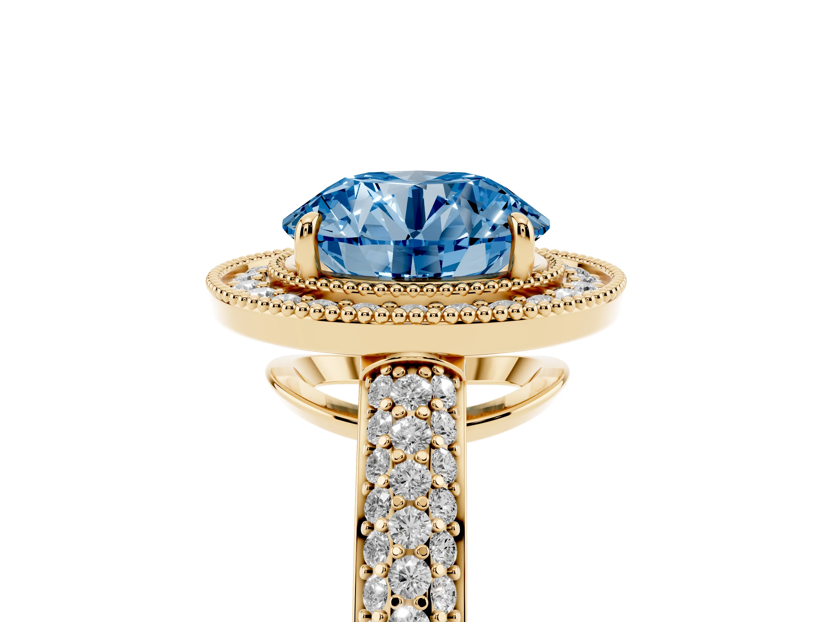 Fancy Blue Round Cut Diamond Halo Pavé Band Set in Yellow gold with Prong Setting