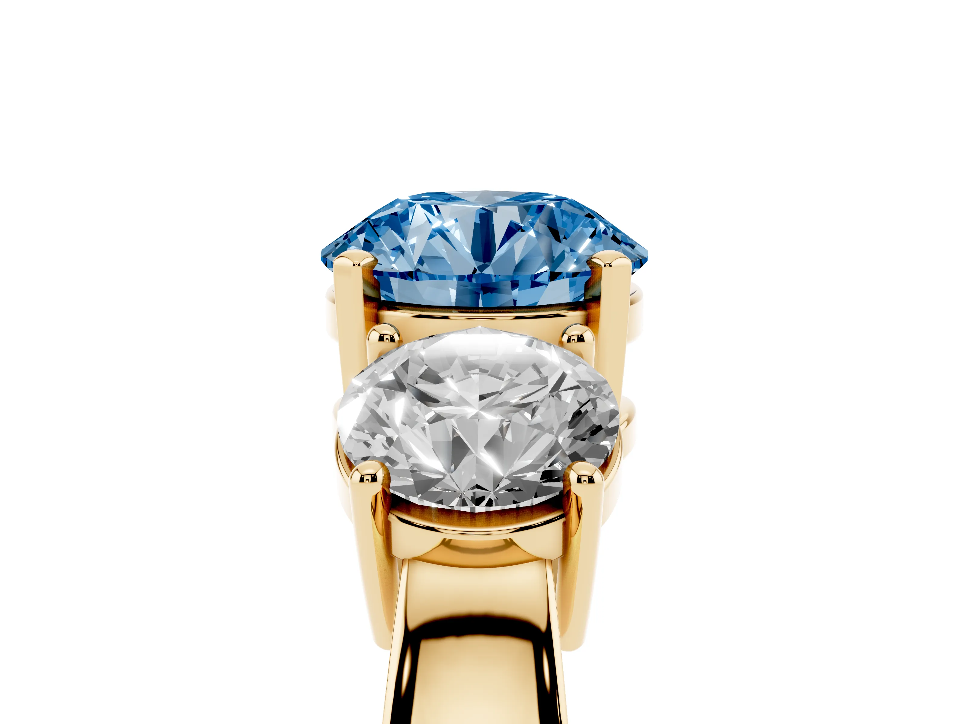 Fancy Blue Round Cut Diamond Three-Stone Ring Set in Yellow gold with Round Side Stones and Classic Band