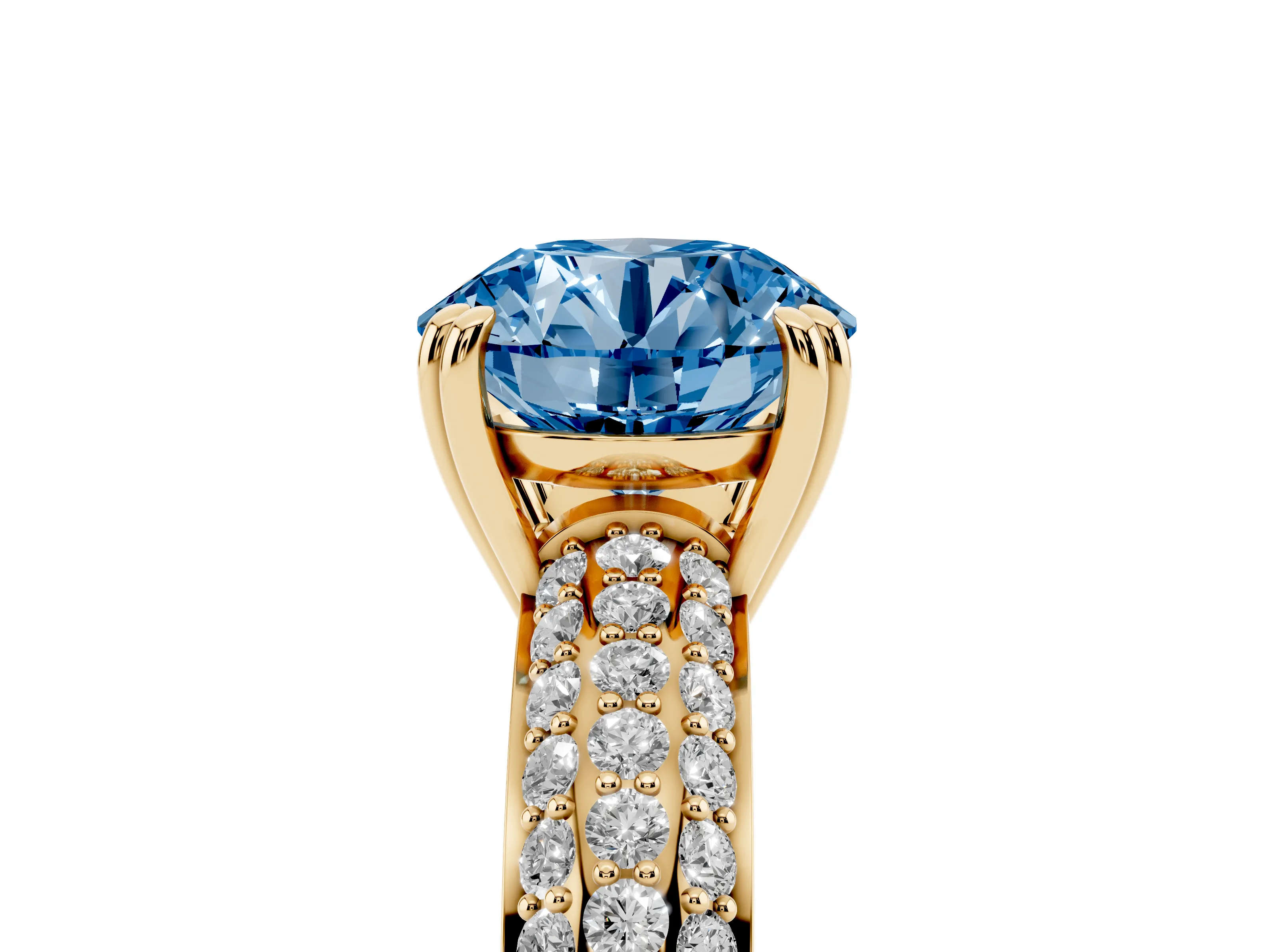 Fancy Blue Round Cut Diamond Solitaire Ring Set in Yellow gold with Multi-Row Round Pavé Band and Prong Setting