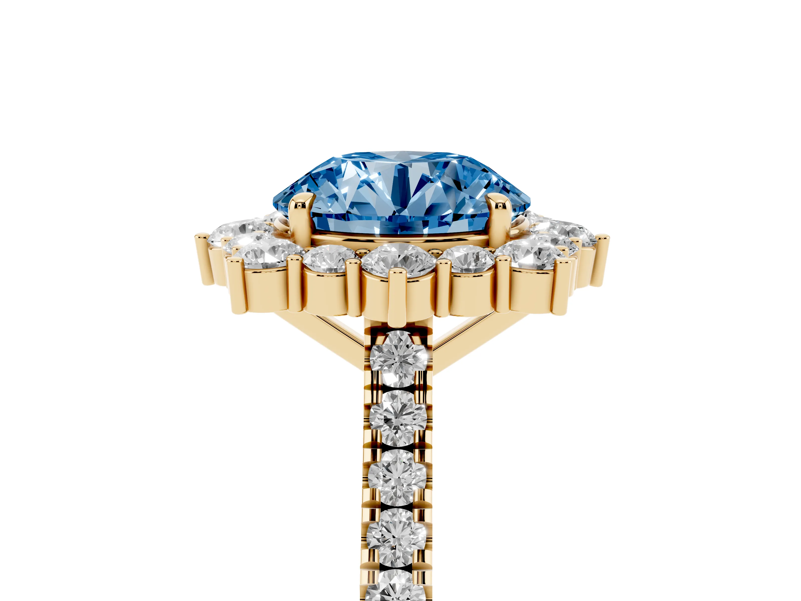 Fancy Blue Round Cut Diamond Halo Ring Set in Yellow gold with Pavé Band and Prong Setting