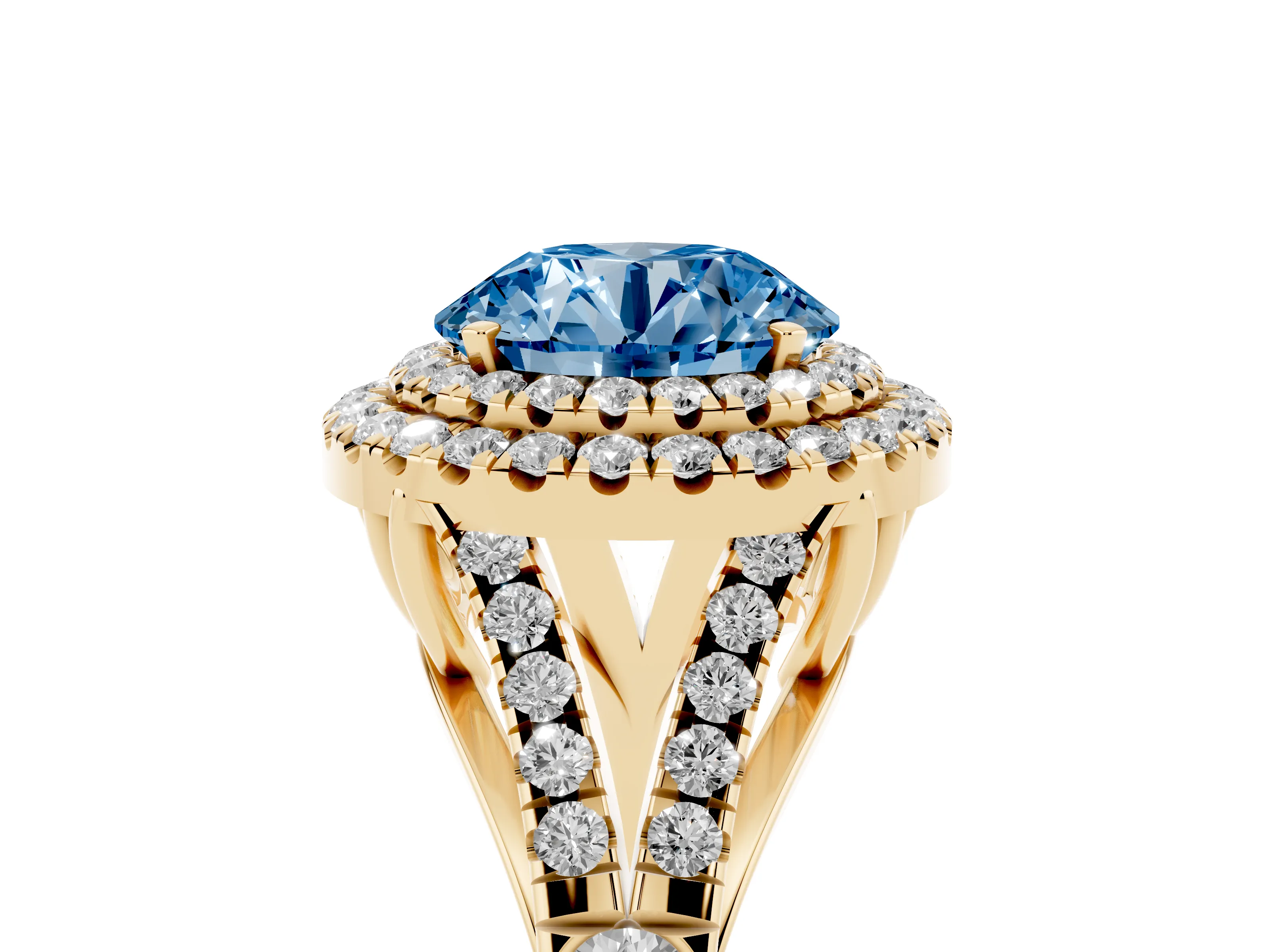 Fancy Blue Round Cut Diamond Pavé Split Shank Double Halo Engagement Ring Set in Yellow gold