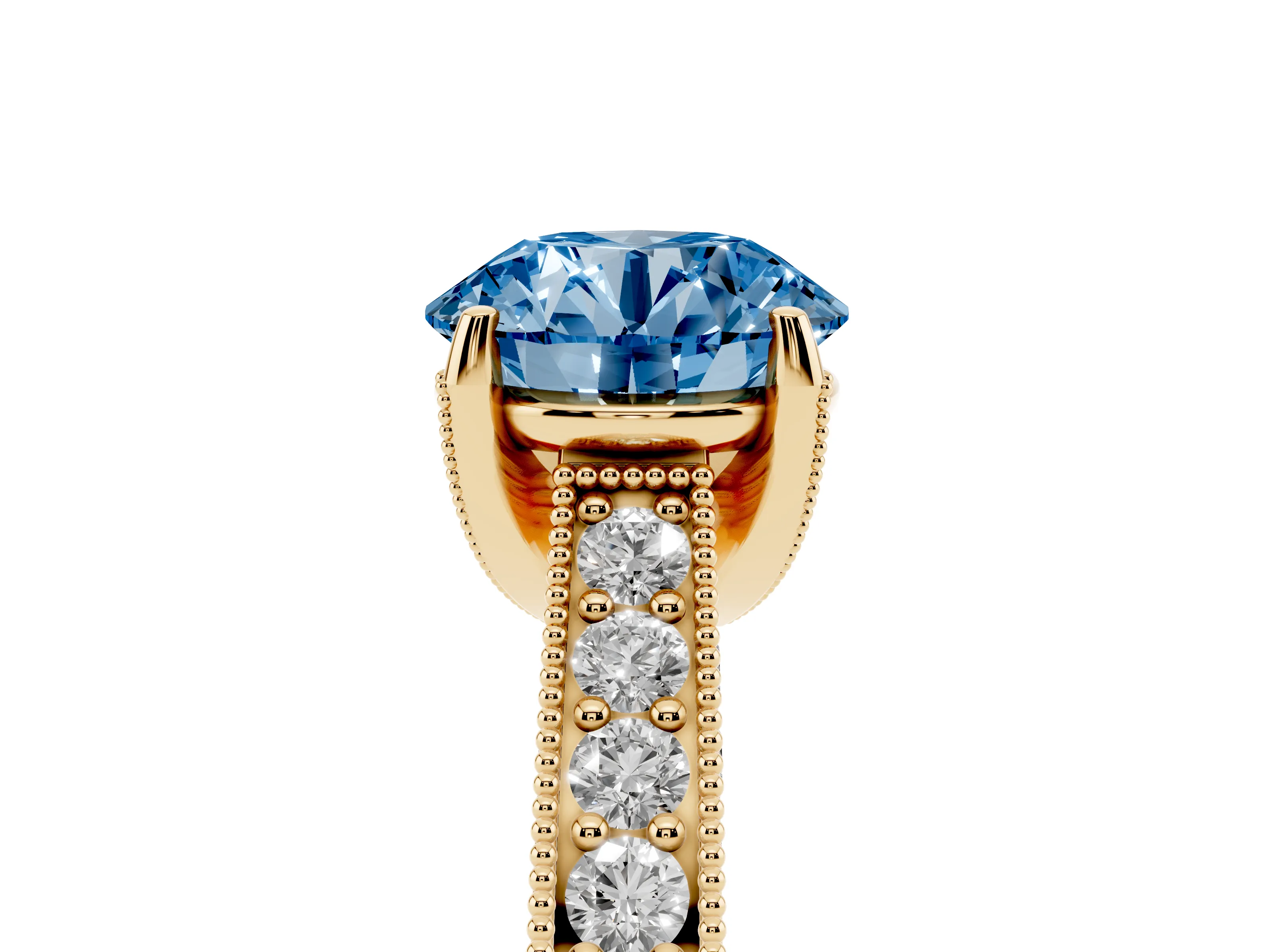 Fancy Blue Round Cut Diamond Solitaire Ring Set in Yellow gold with Milgrain-Edged Pavé Band and Prong Setting