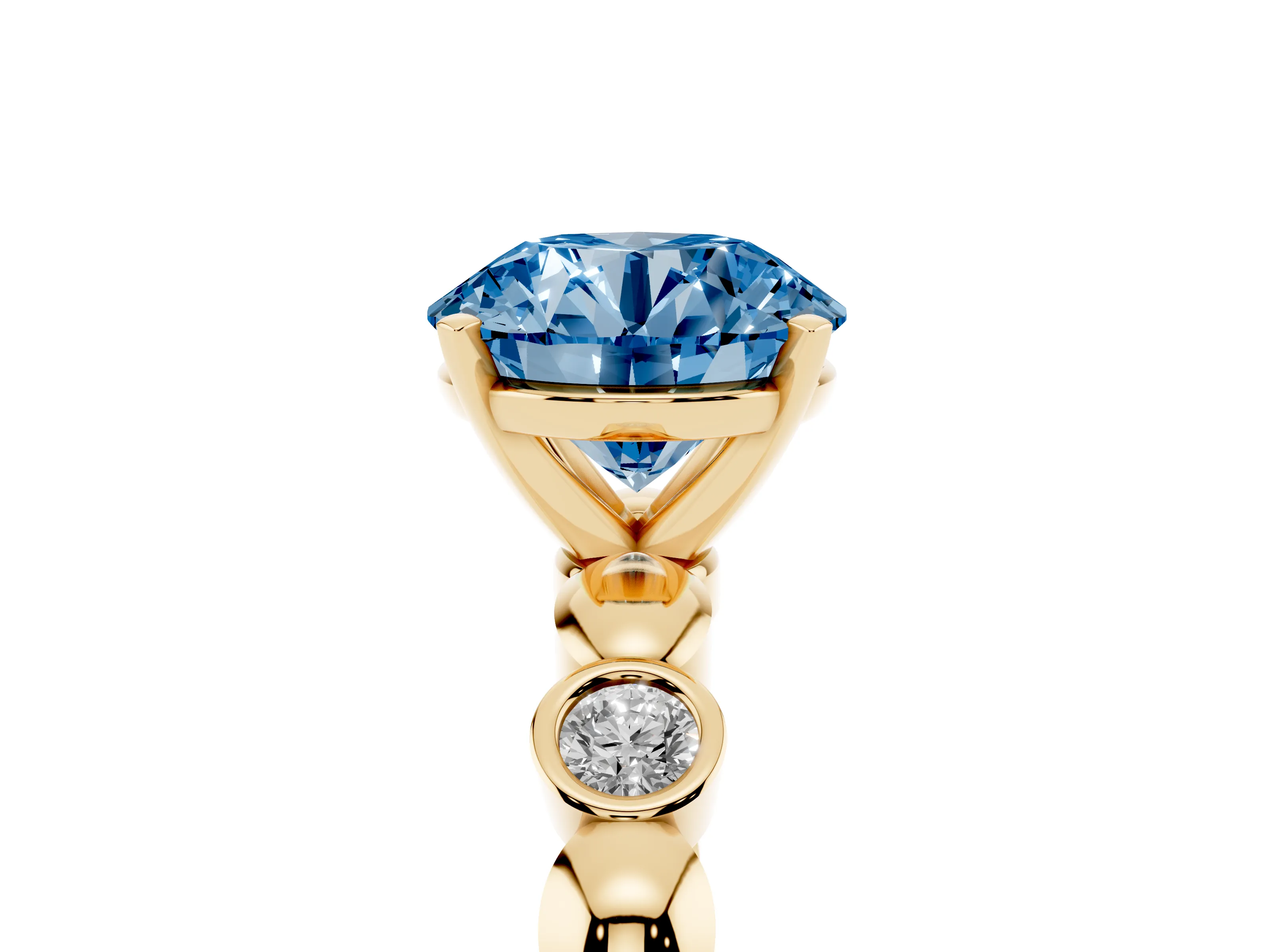 Fancy Blue Round Cut Diamond Solitaire Ring Set in Yellow gold with Bezel-Set Accents on Beaded Band and Prong Setting