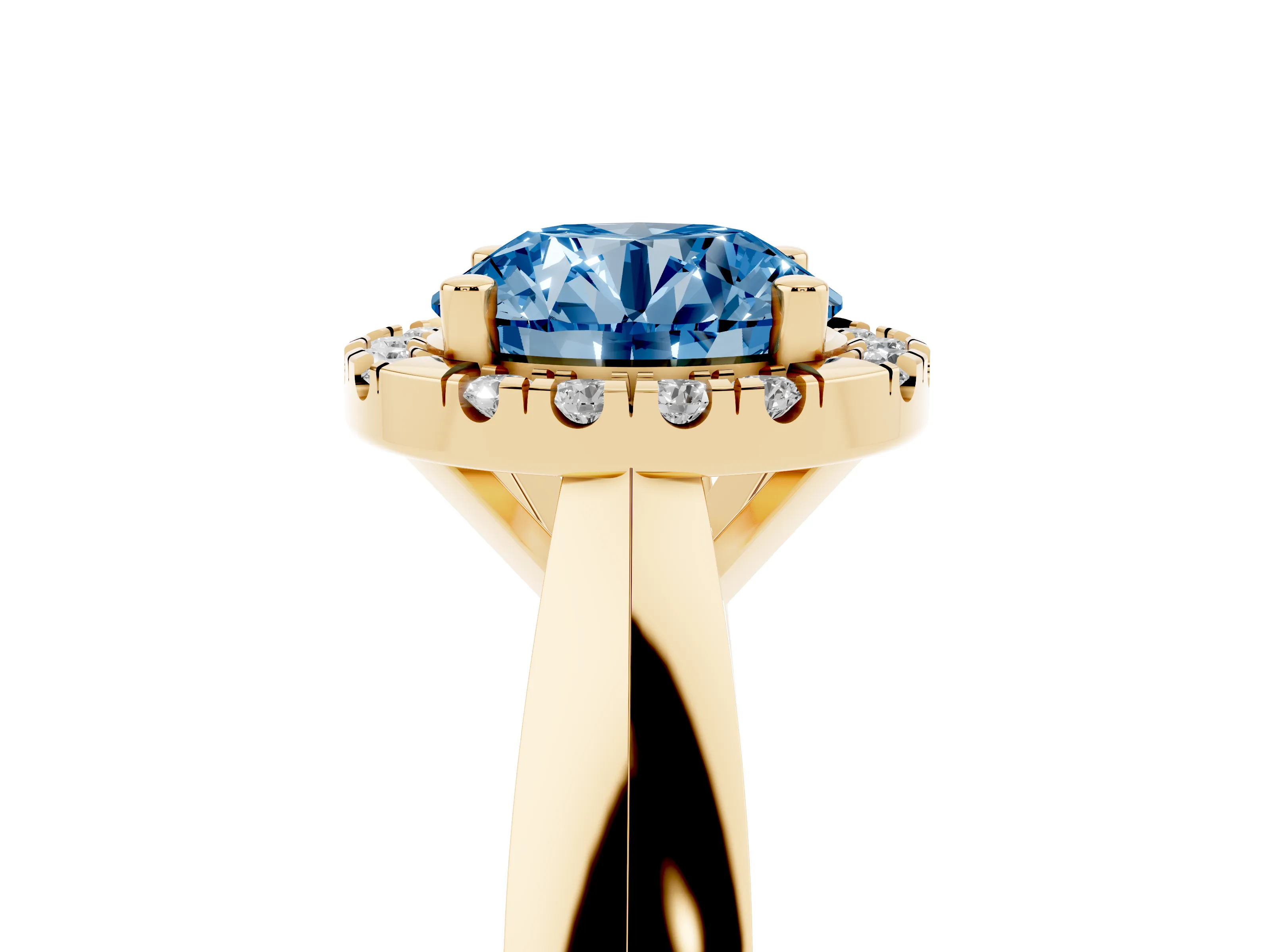 Fancy Blue Round Cut Diamond Halo Solitaire Engagement Ring Set in Yellow gold with Square Band and Prong Setting