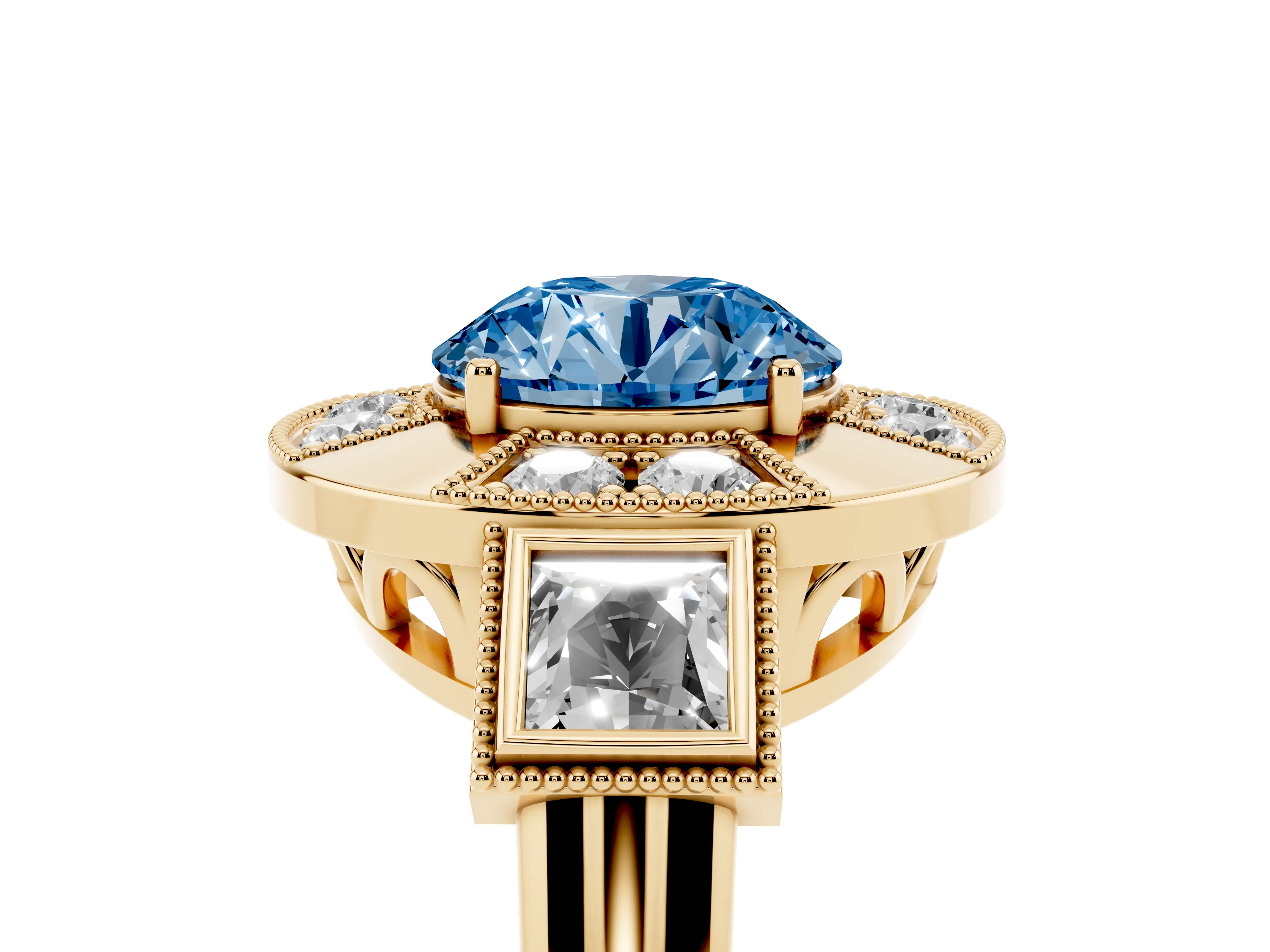 Fancy Blue Round Cut Diamond Milgrain Halo Ring Set in Yellow gold with Split Shank