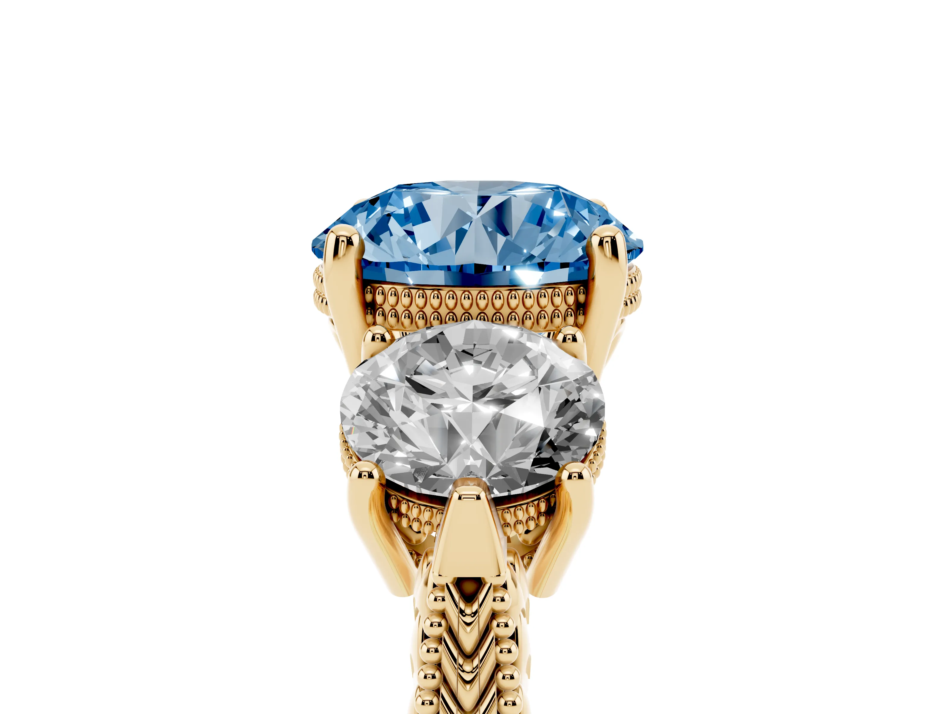 Fancy Blue Round Cut Diamond Three-Stone Ring Set in Yellow gold with Milgrain Band