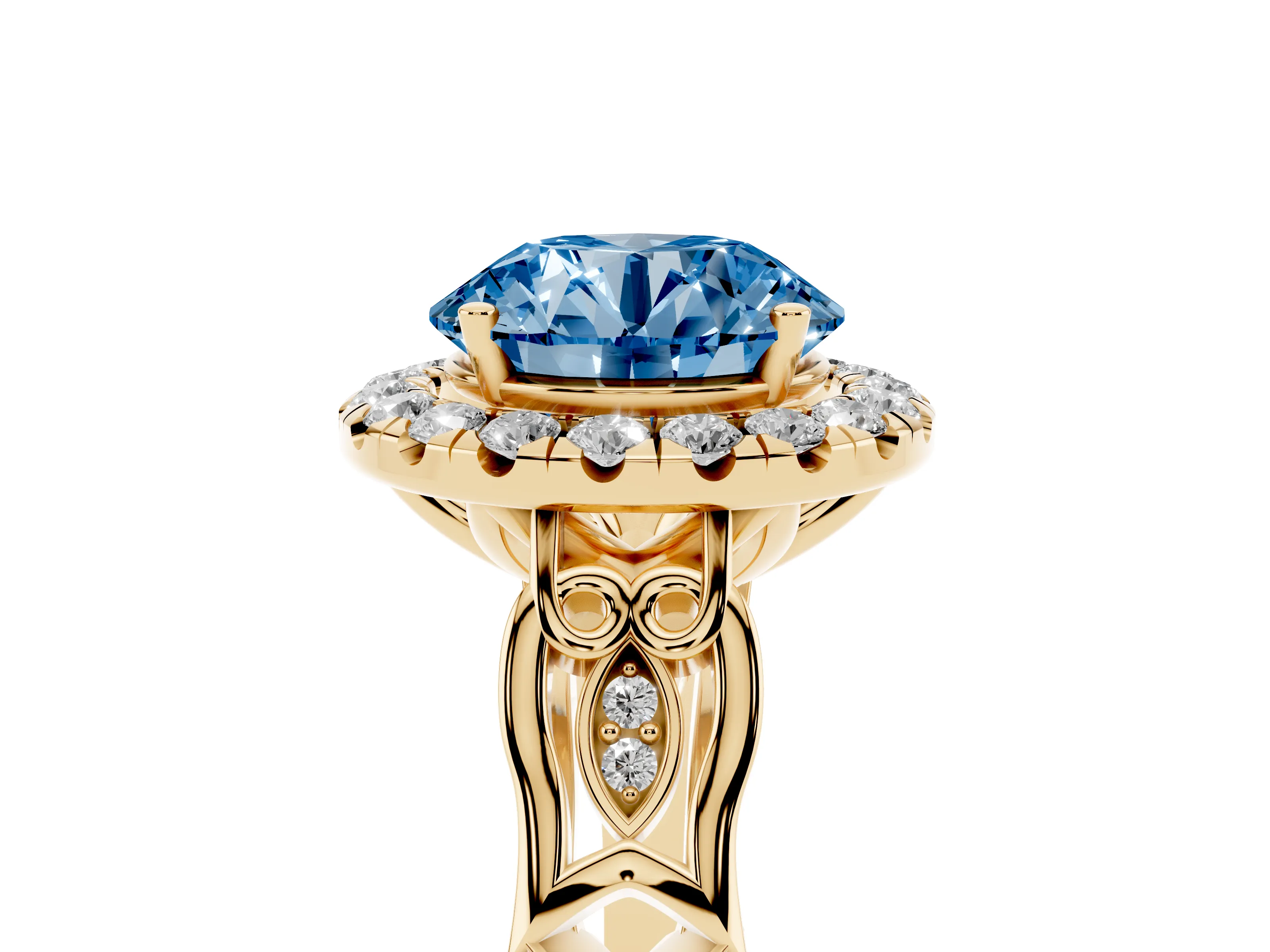 Fancy Blue Round Cut Diamond Halo Engagement Ring Set in Yellow gold with Filigree Band and Prong-Set Center