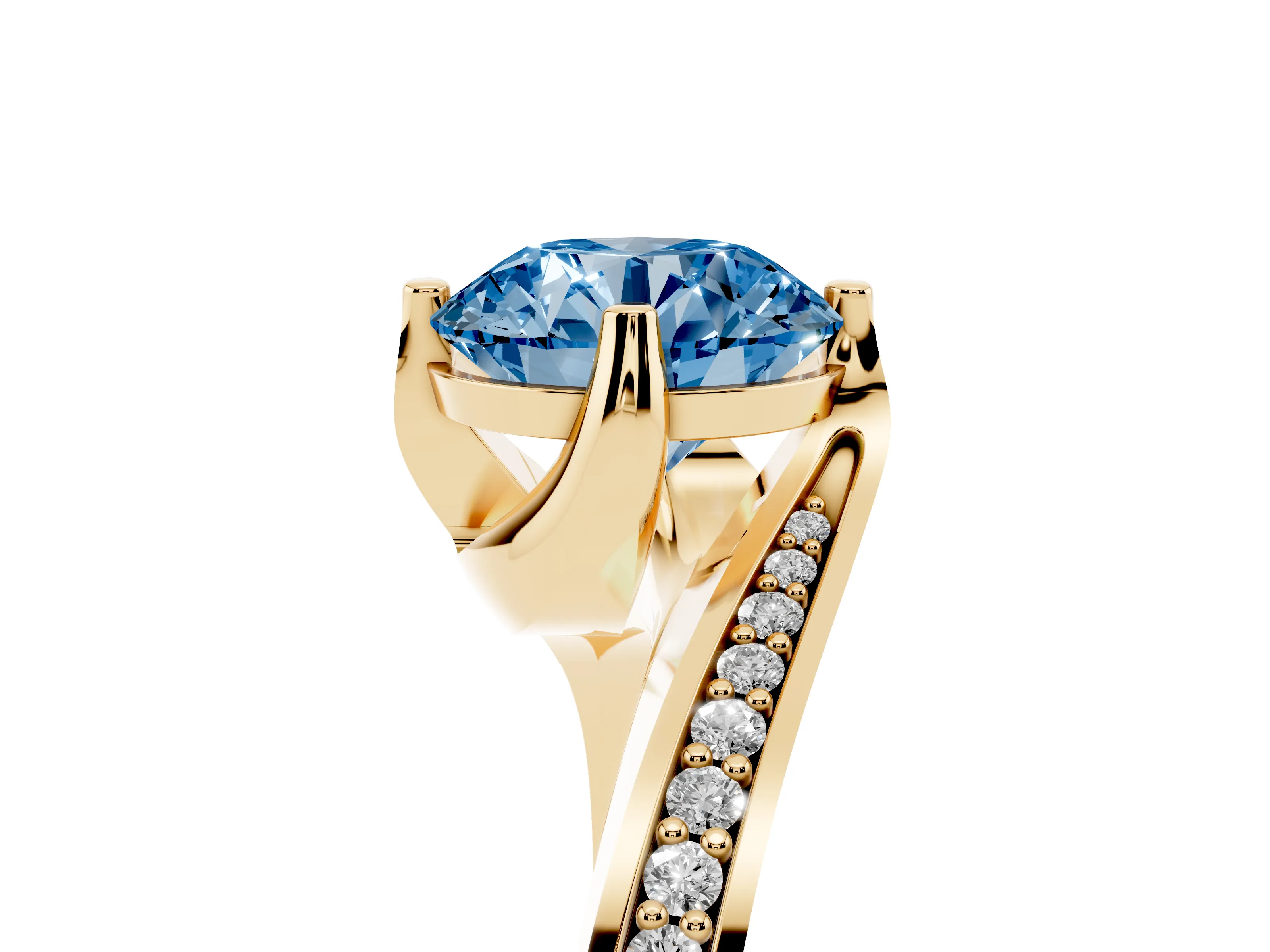 Fancy Blue Round Cut Diamond Solitaire Ring Set in Yellow gold with Intertwined Pavé Twist Band