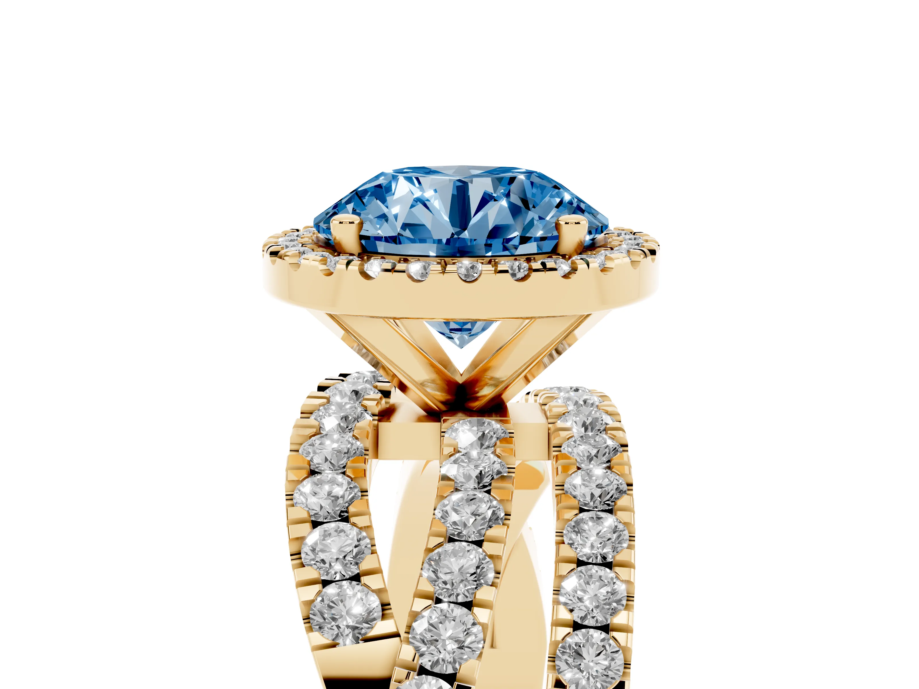 Fancy Blue Round Cut Diamond Halo Ring Set in Yellow gold with Round Crossover Split Shank and Prong Setting