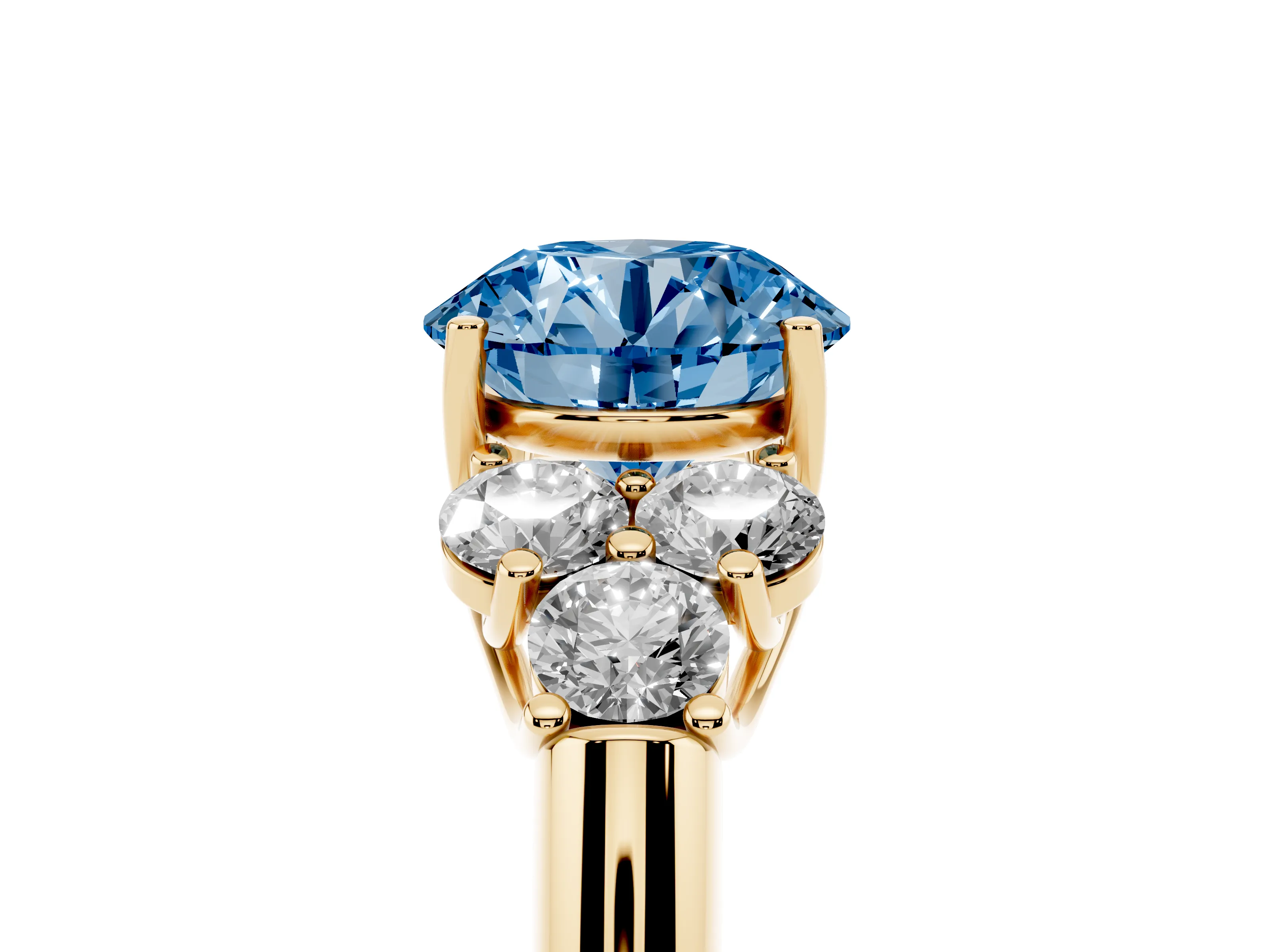 Fancy Blue Round Cut Diamond Cluster Ring Set in Yellow gold with Round Accent Stones and Prong Setting on a Plain Band