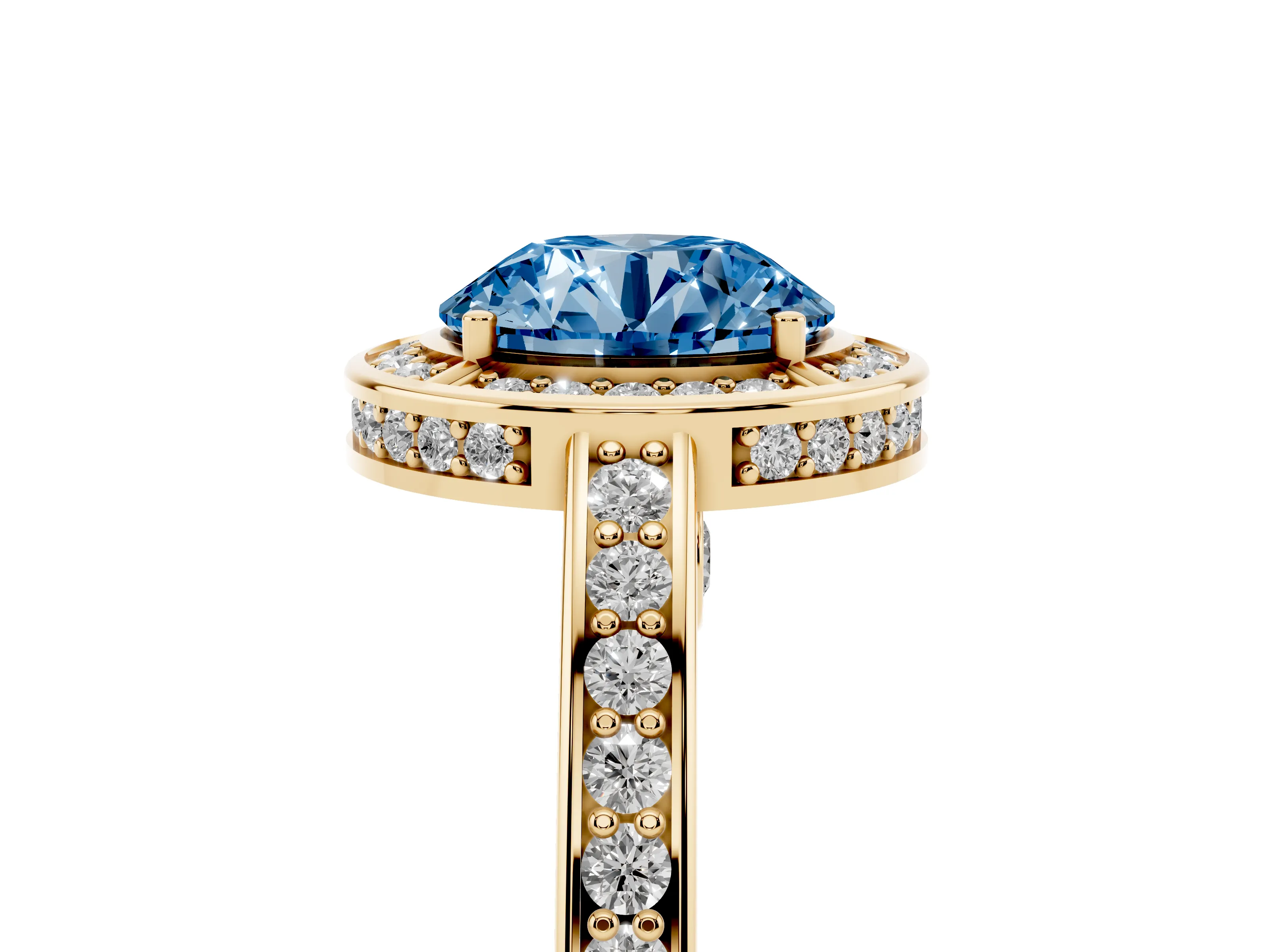 Fancy Blue Round Cut Diamond Halo Pavé Split Shank Ring Set in Yellow gold with Prong Setting