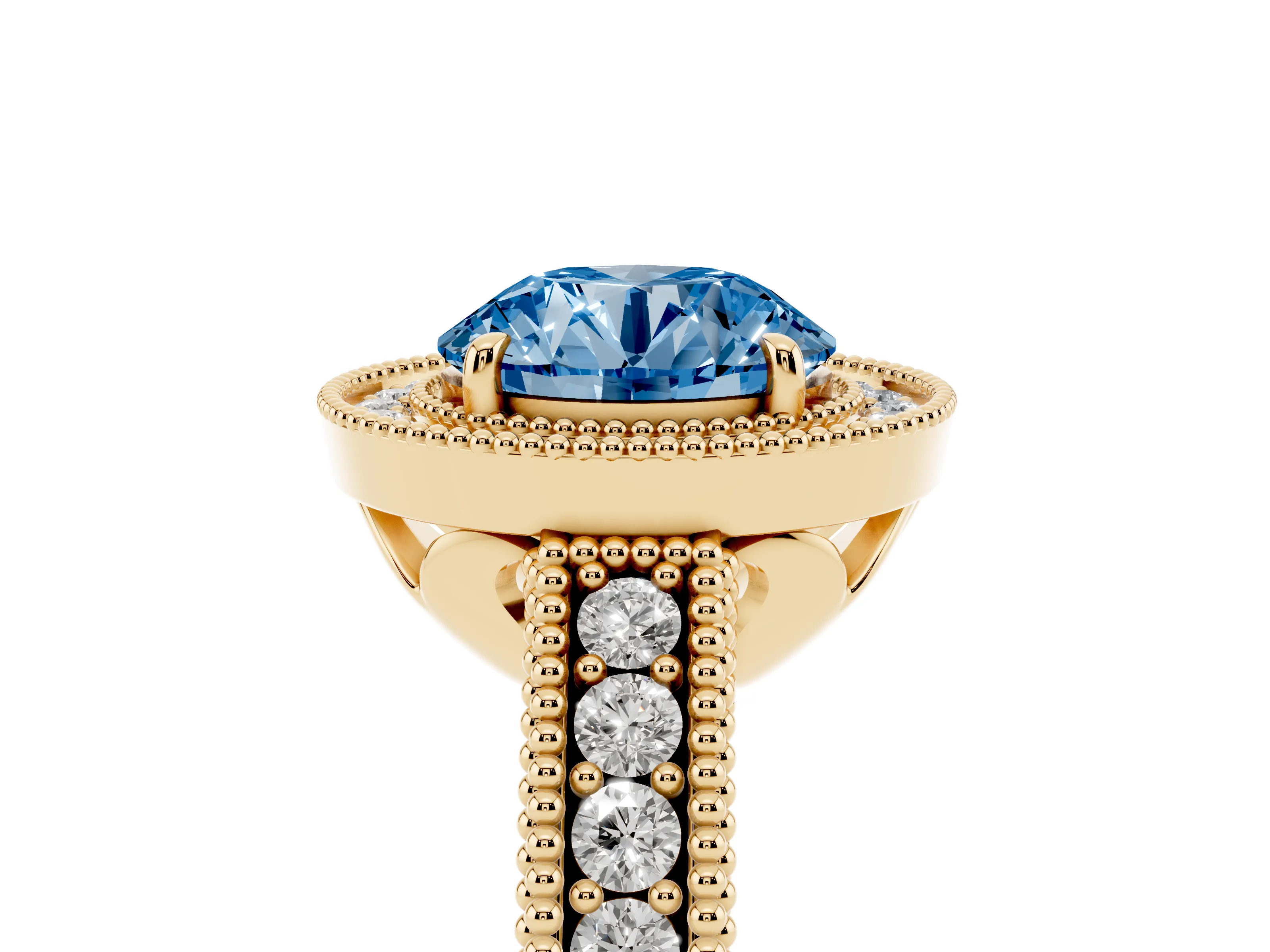 Fancy Blue Round Cut Diamond Halo Ring Set in Yellow gold with Round Accent Halo, Pavé Band and Prong Setting