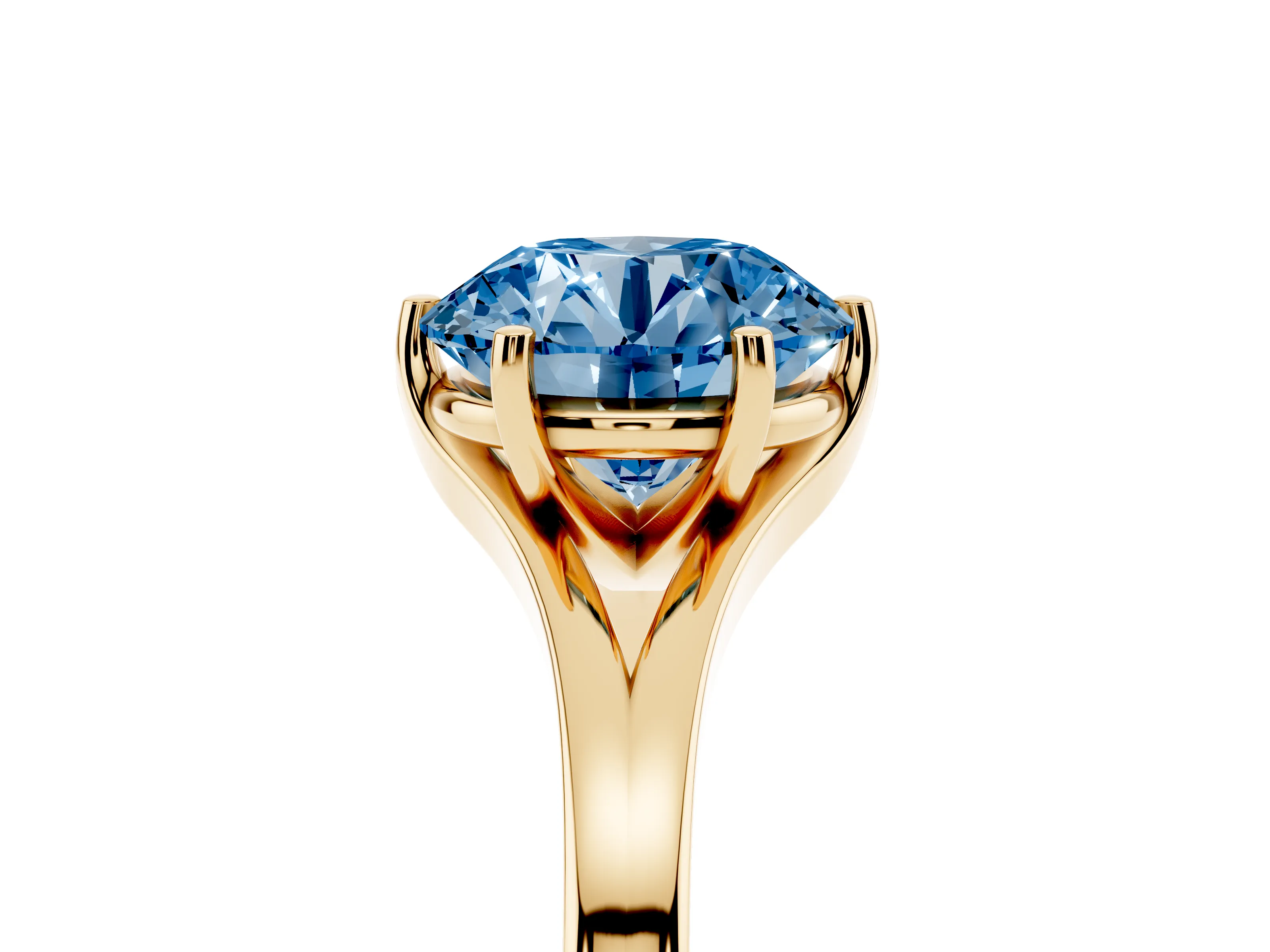 Fancy Blue Round Cut Diamond Solitaire Ring Set in Yellow gold with Polished Tapered Band and Prong Setting