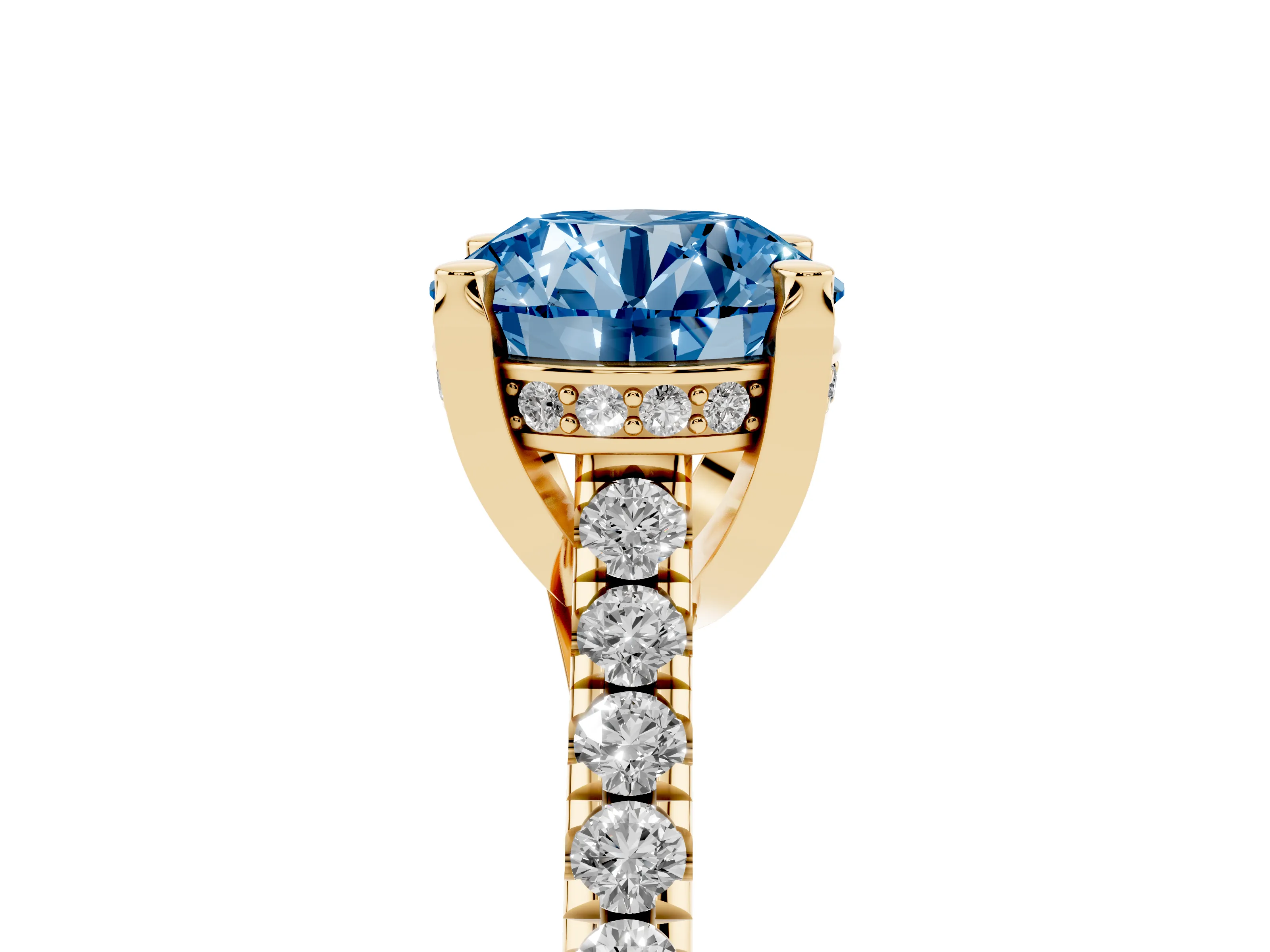 Fancy Blue Round Cut Diamond Solitaire Ring Set in Yellow gold with Brilliant Pavé Band and Prong Setting