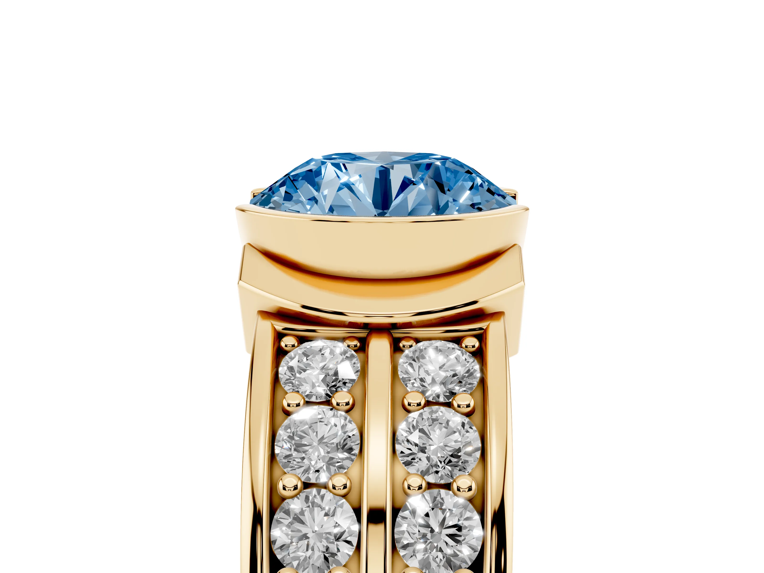 Fancy Blue Round Cut Diamond Wide Channel Set Band Ring Set in Yellow gold with Bezel Setting