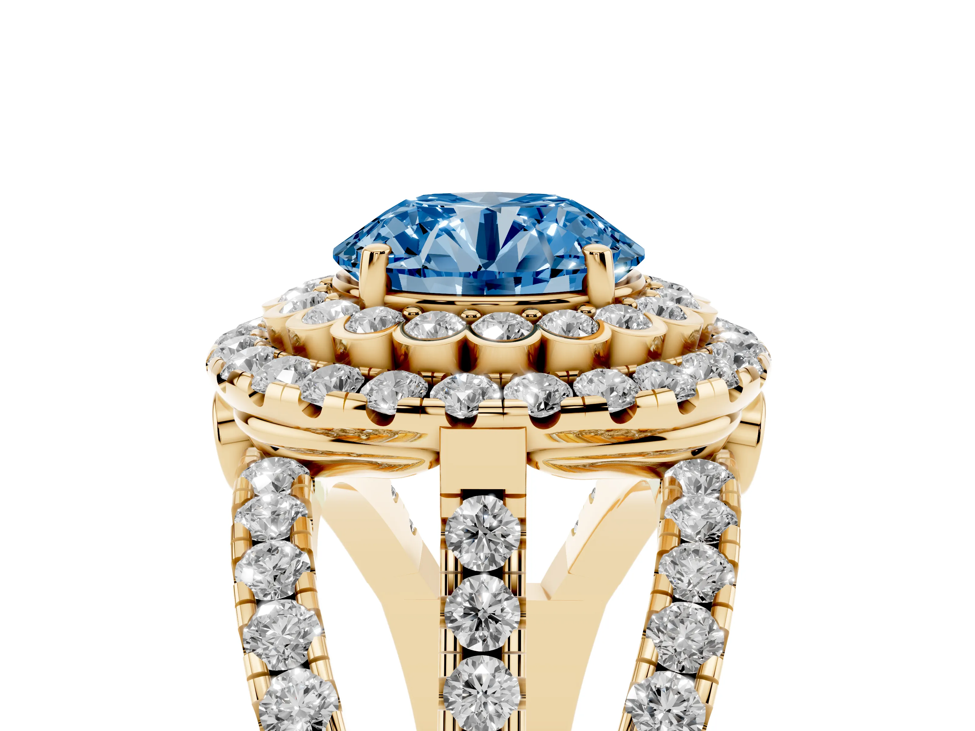 Fancy Blue Round Cut Diamond Double Halo Ring Set in Yellow gold with Round Pavé Split Shank