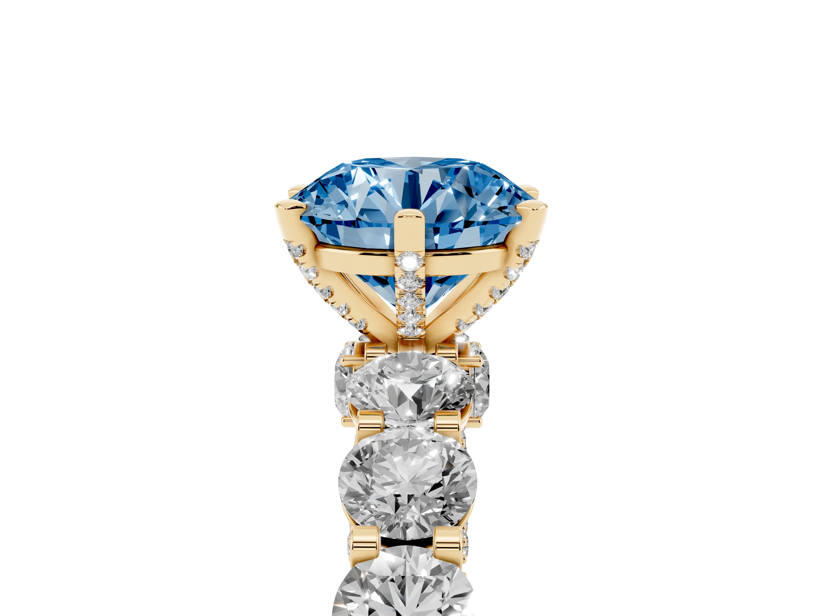 Fancy Blue Round Cut Diamond Side Stone Ring Set in Yellow gold with Alternating Round and Oval Side Stones