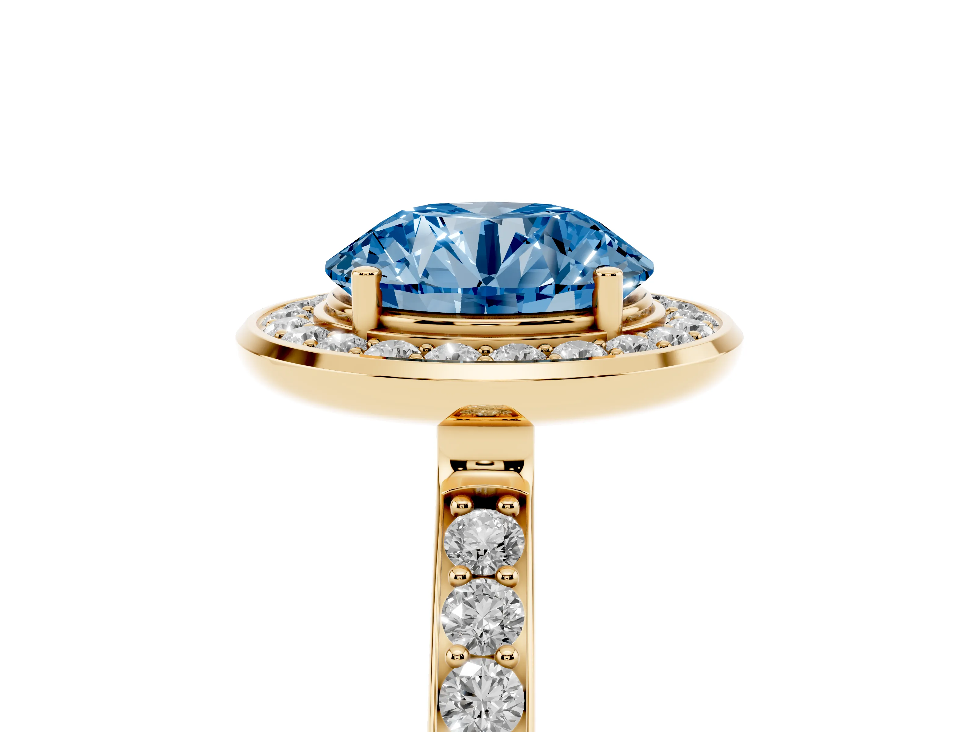 Fancy Blue Round Cut Diamond Halo Ring Set in Yellow gold with Bezel Frame and Pavé Band