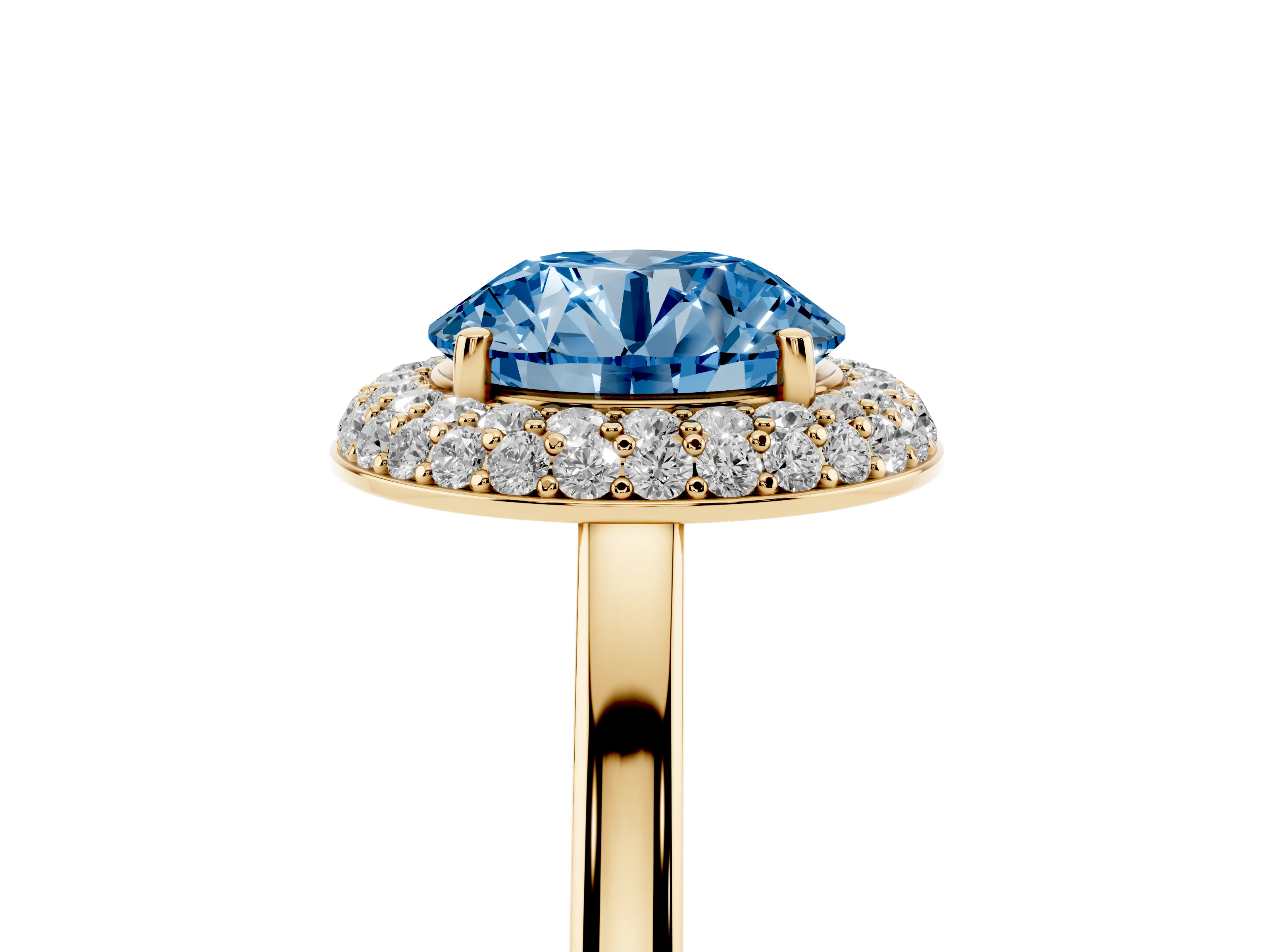 Fancy Blue Round Cut Diamond Halo Engagement Ring Set in Yellow gold with Solitaire Band and Prong Setting