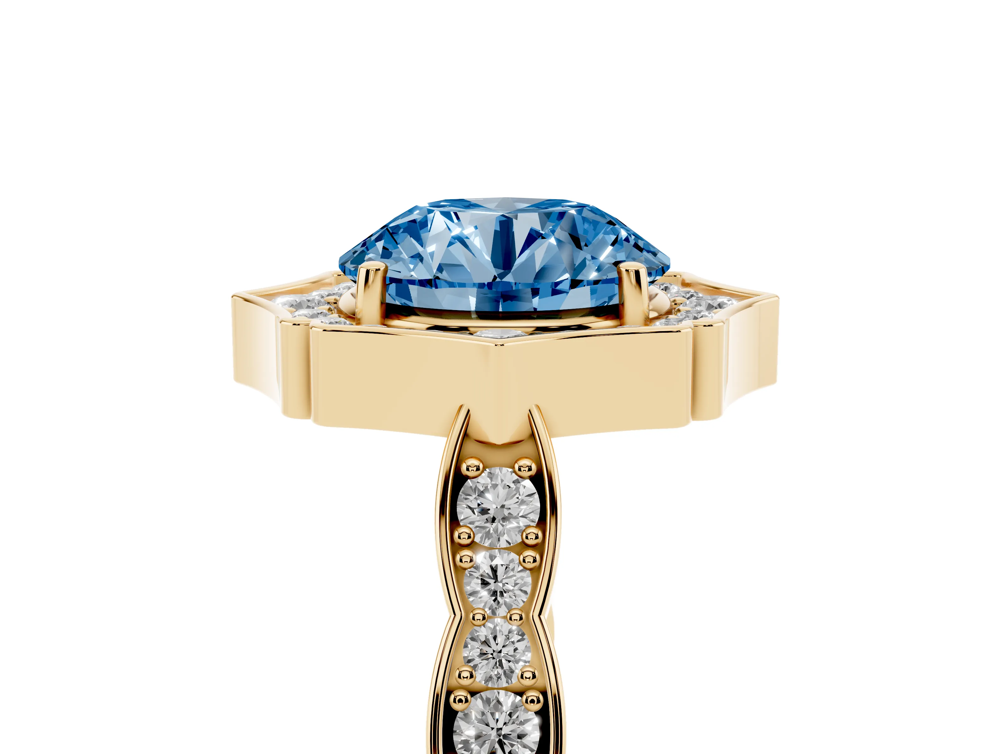 Fancy Blue Round Cut Diamond Halo Engagement Ring Set in Yellow gold with Milgrain Band and Prong Setting