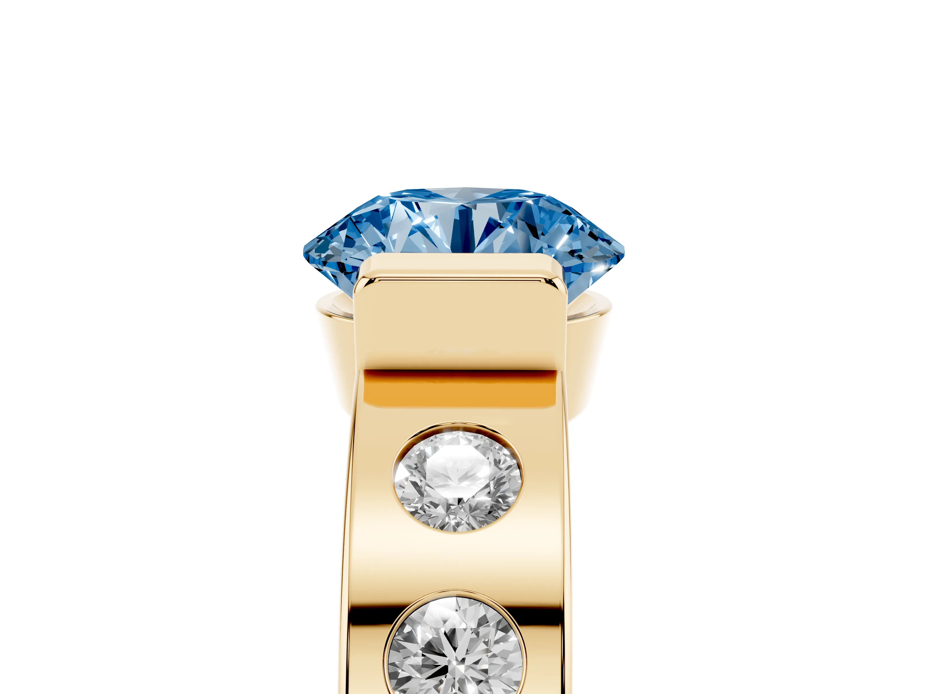Fancy Blue Round Cut Diamond Channel-Set Band Ring Set in Yellow gold with Bezel Prong Setting