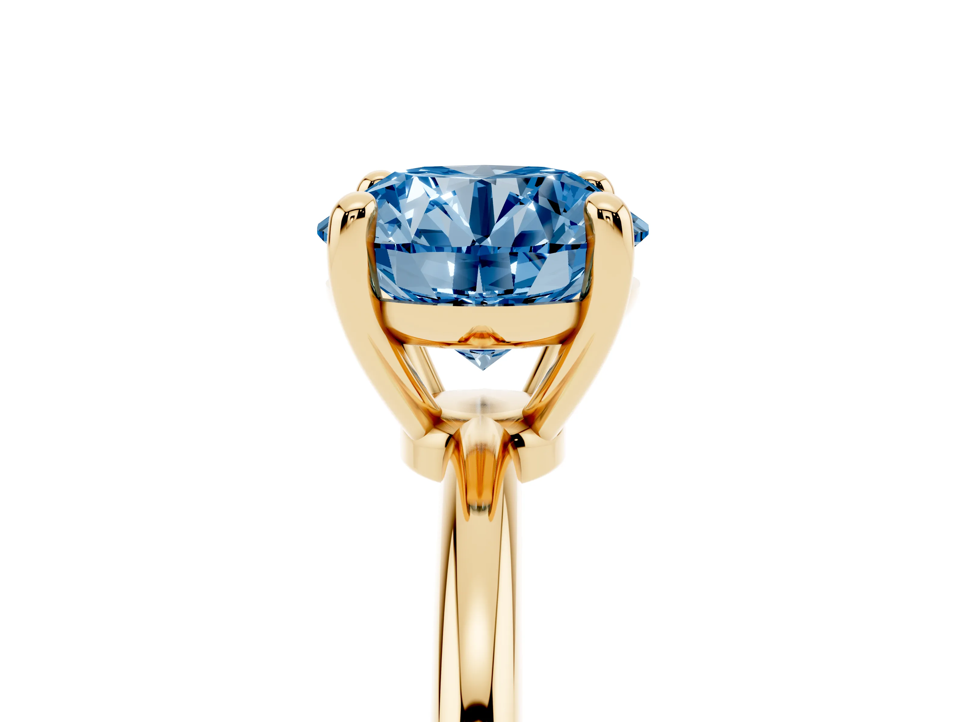 Fancy Blue Round Cut Diamond Solitaire Ring Set in Yellow gold with Secure Prong Setting on a Classic Band
