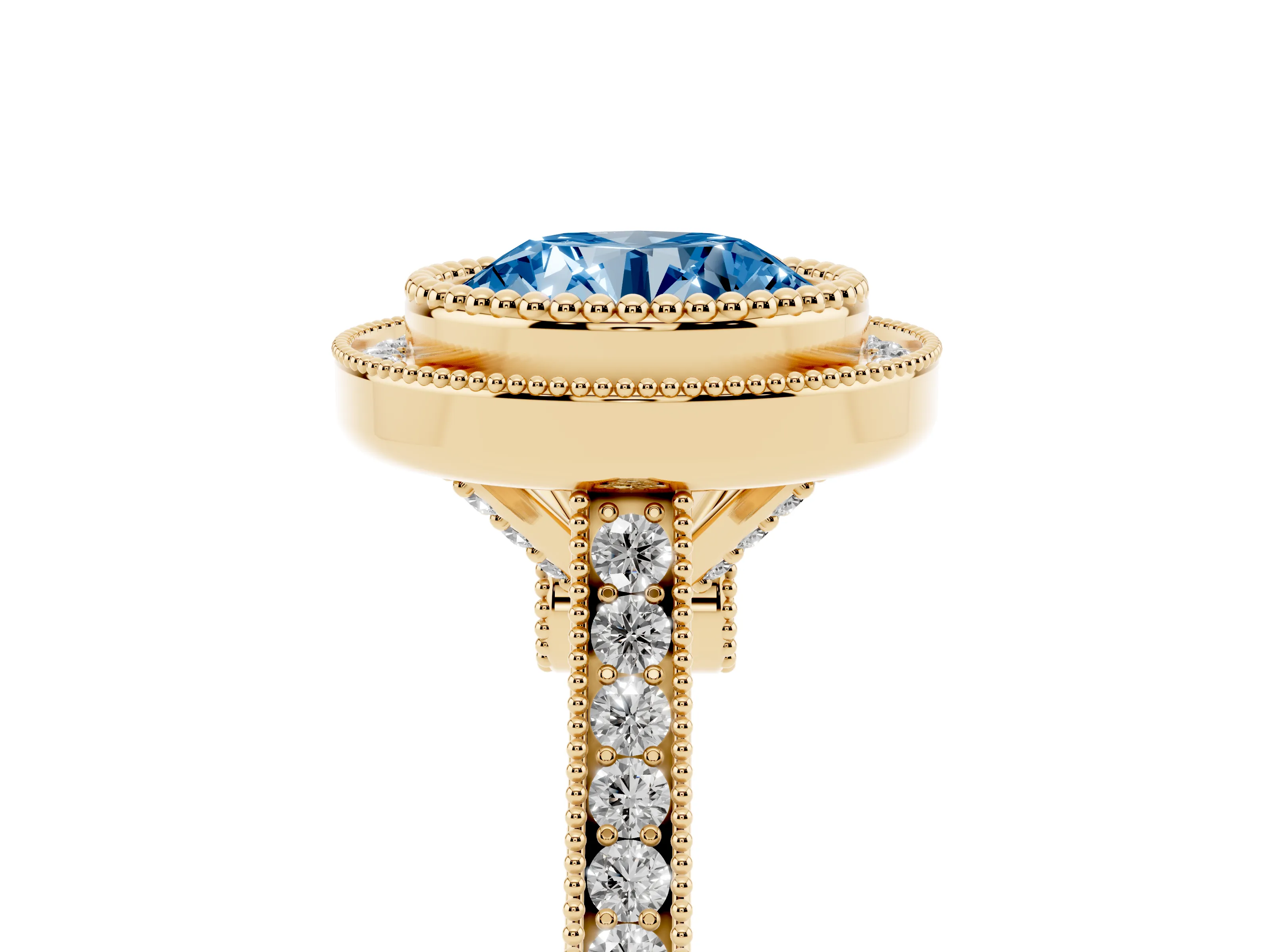 Fancy Blue Round Cut Diamond Halo Ring Set in Yellow gold with Milgrain Frame and Pavé Band
