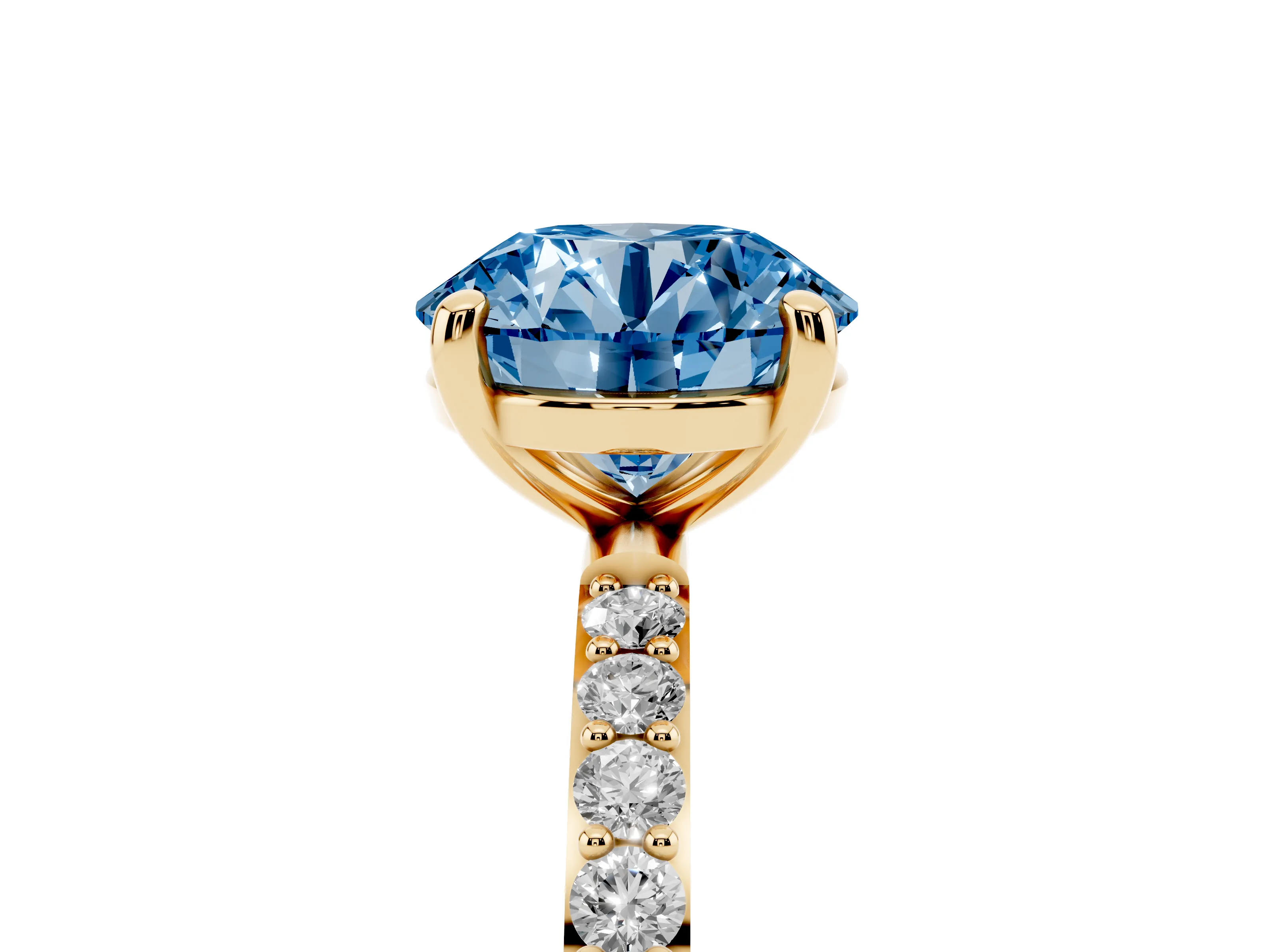 Fancy Blue Round Cut Diamond Solitaire Ring Set in Yellow gold with Round Pavé Band and Prong Setting