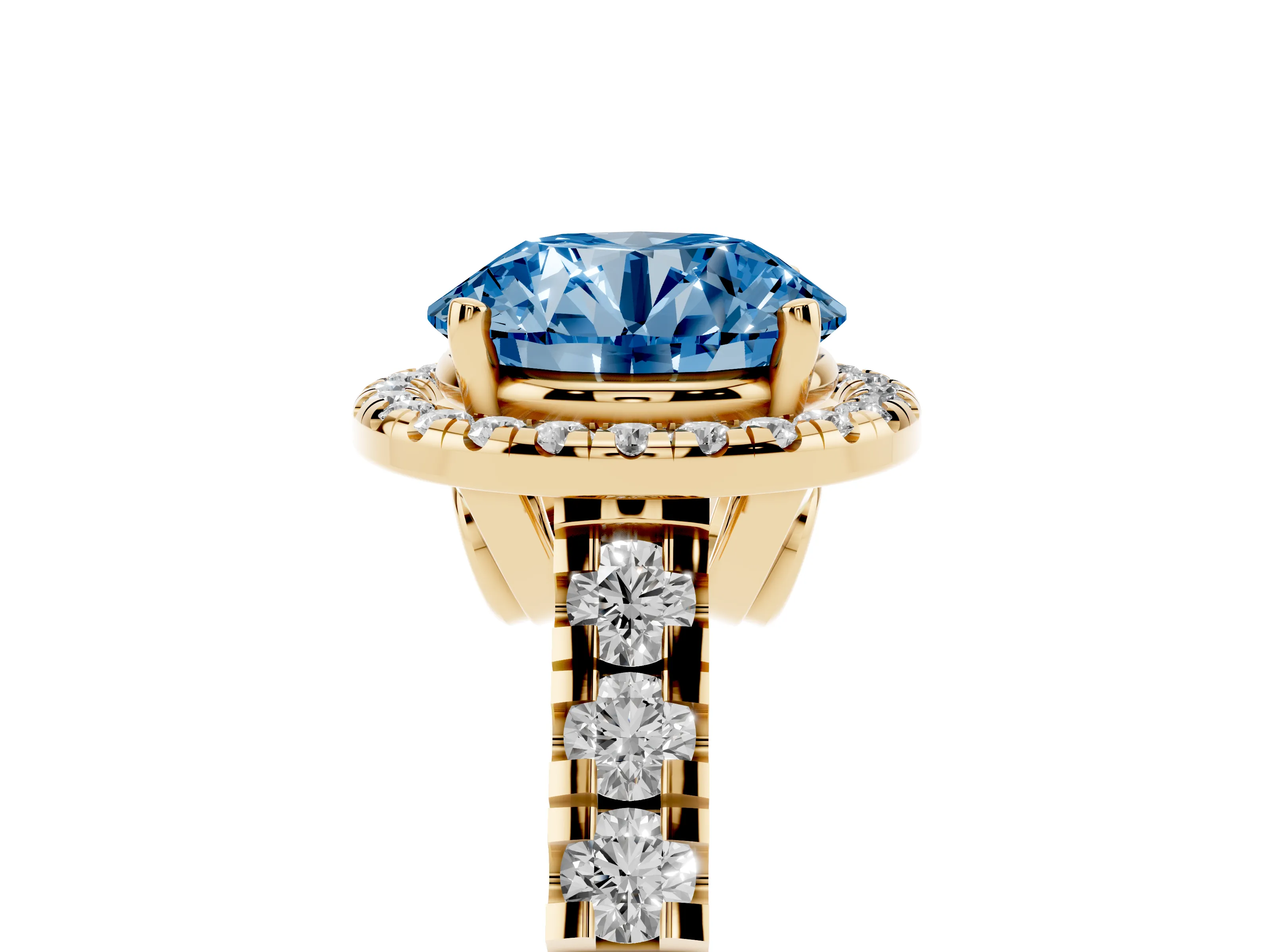 Fancy Blue Round Cut Diamond Halo Engagement Ring Set in Yellow gold with Pavé Band and Prong-Set Center