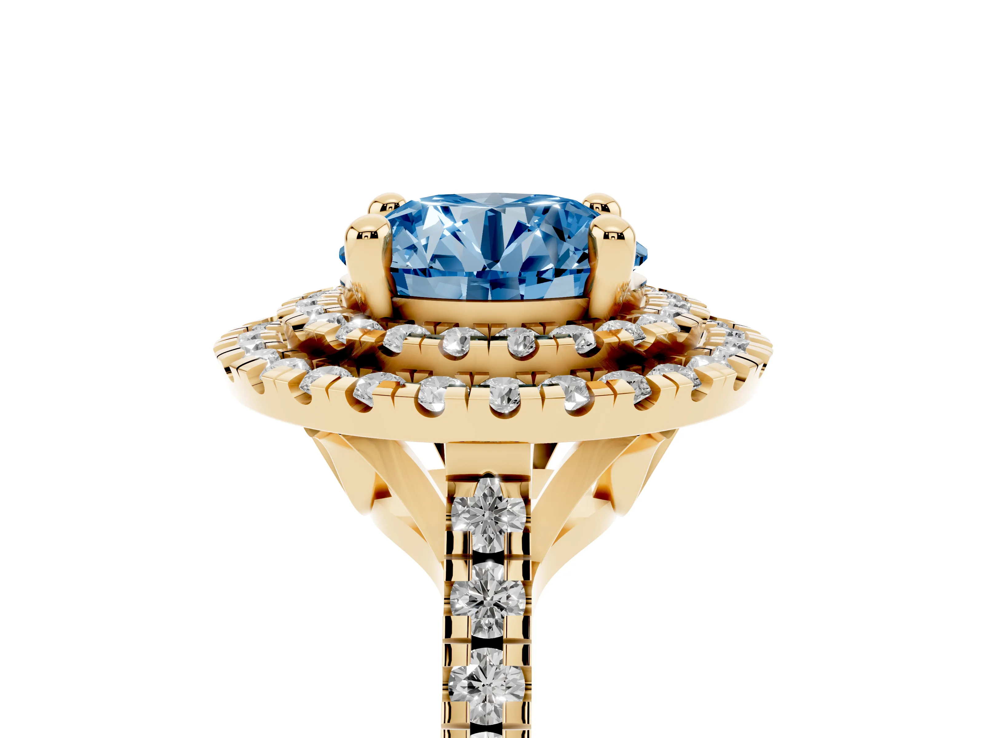 Fancy Blue Round Cut Diamond Double Halo Statement Ring Set in Yellow gold with Pavé Band