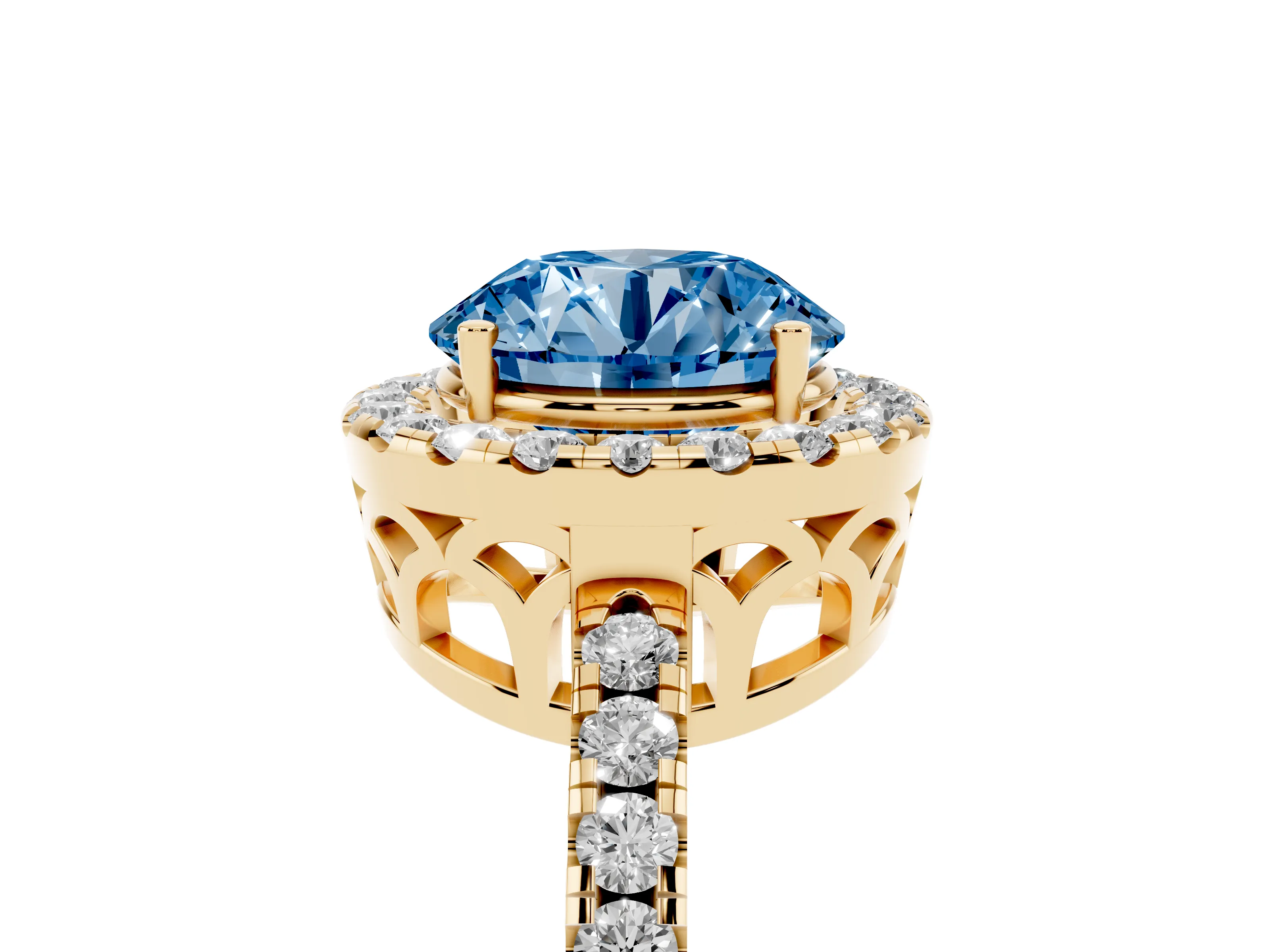 Fancy Blue Round Cut Diamond Pavé Band Halo Engagement Ring Set in Yellow gold with Prong Setting