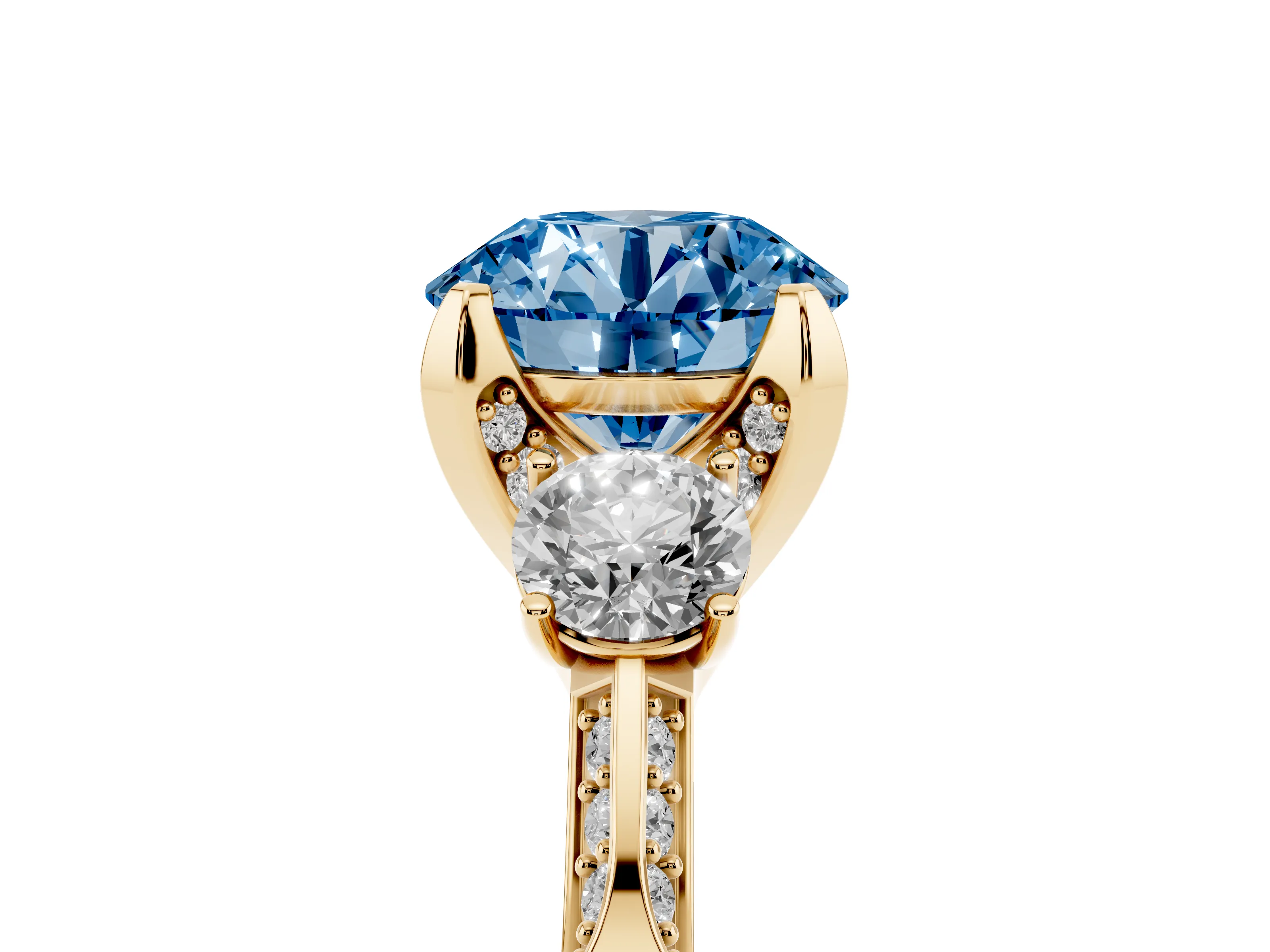 Fancy Blue Round Cut Diamond Three-Stone Ring Set in Yellow gold with Pavé Band and Smaller Side Stones