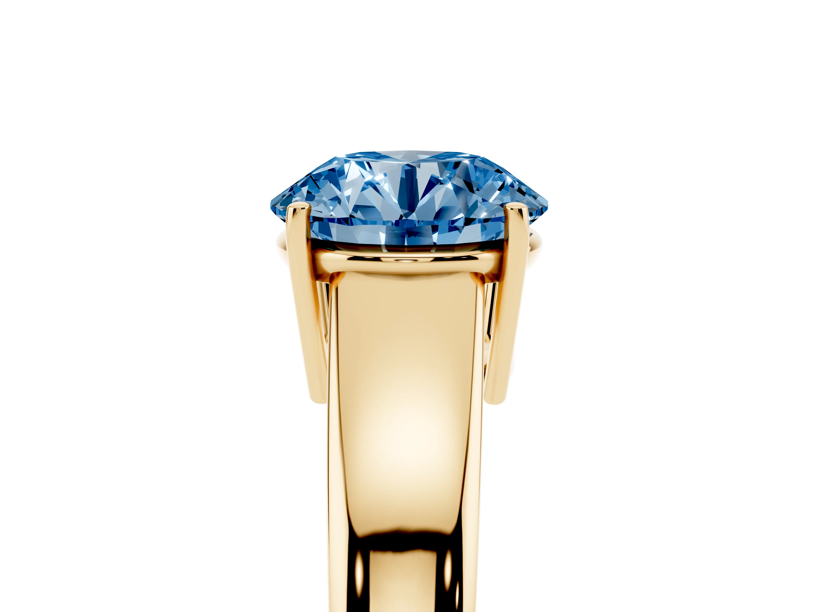 Fancy Blue Round Cut Diamond Solitaire Ring Set in Yellow gold with Tapered Band and Prong Setting