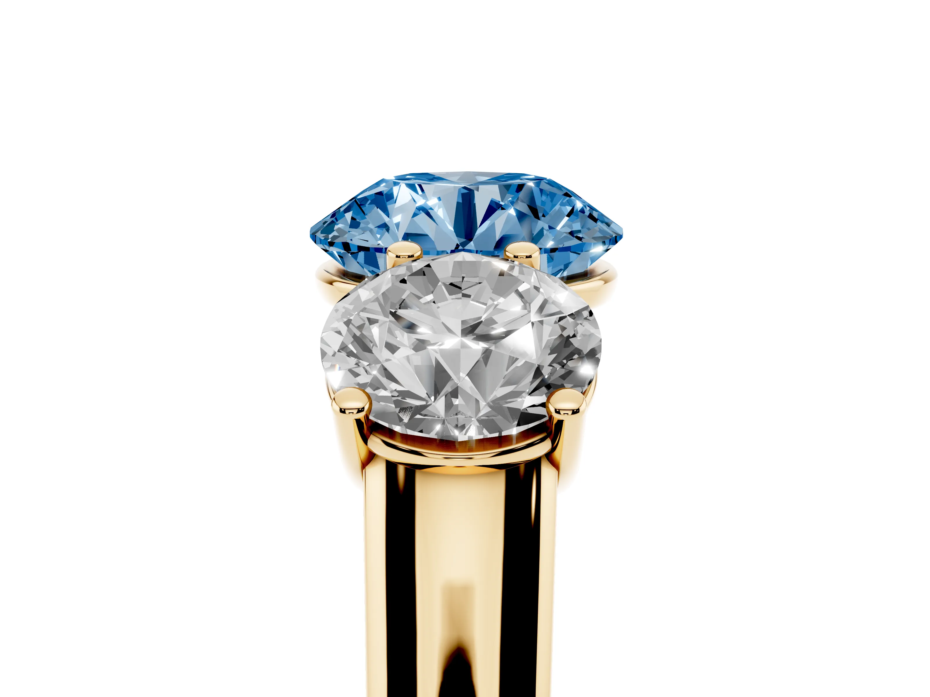 Fancy Blue Round Cut Diamond Three-Stone Ring Set in Yellow gold with Plain Polished Band
