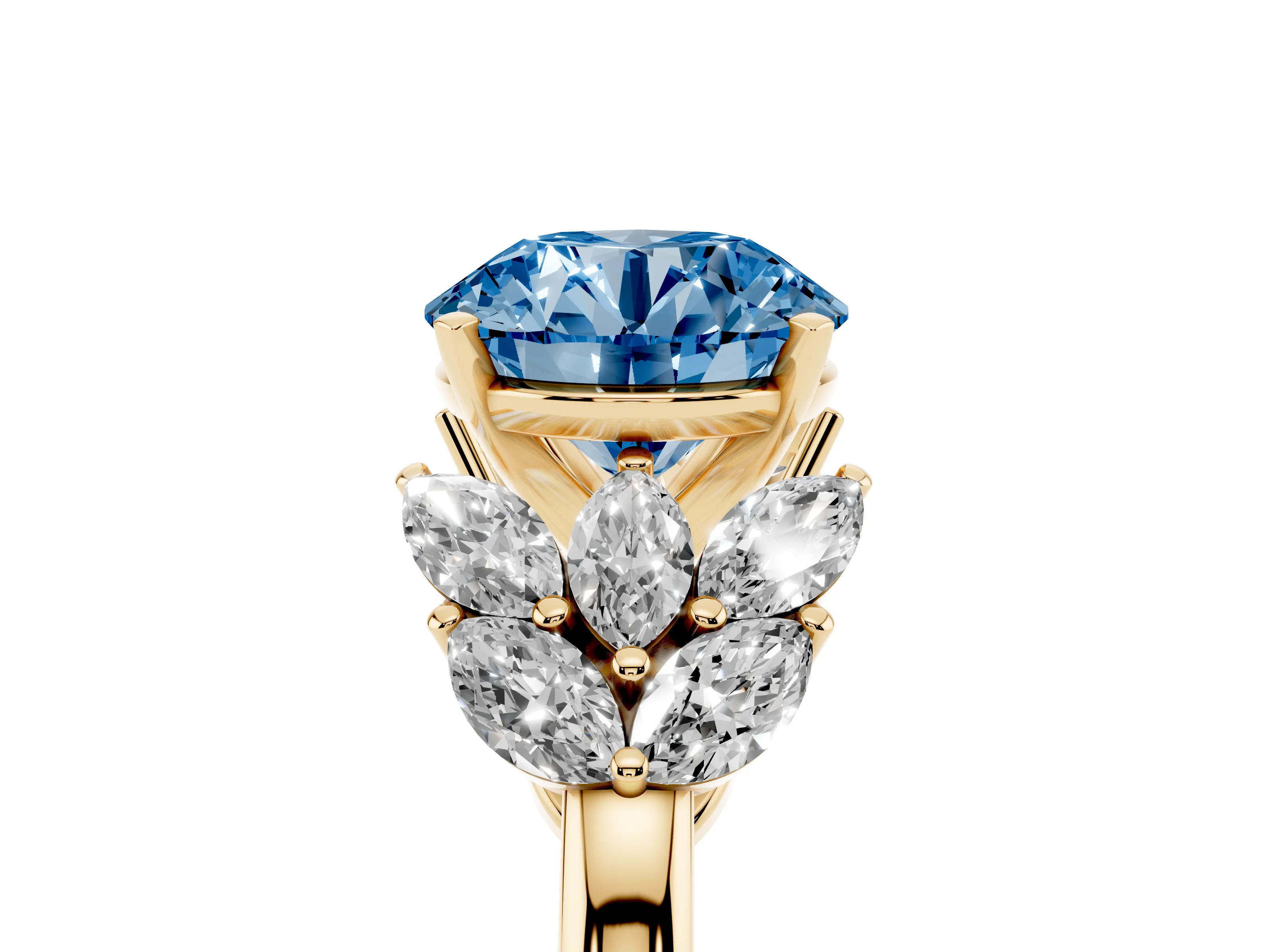 Fancy Blue Round Cut Diamond Cluster Leaf Design Ring Set in Yellow gold with Prong Setting