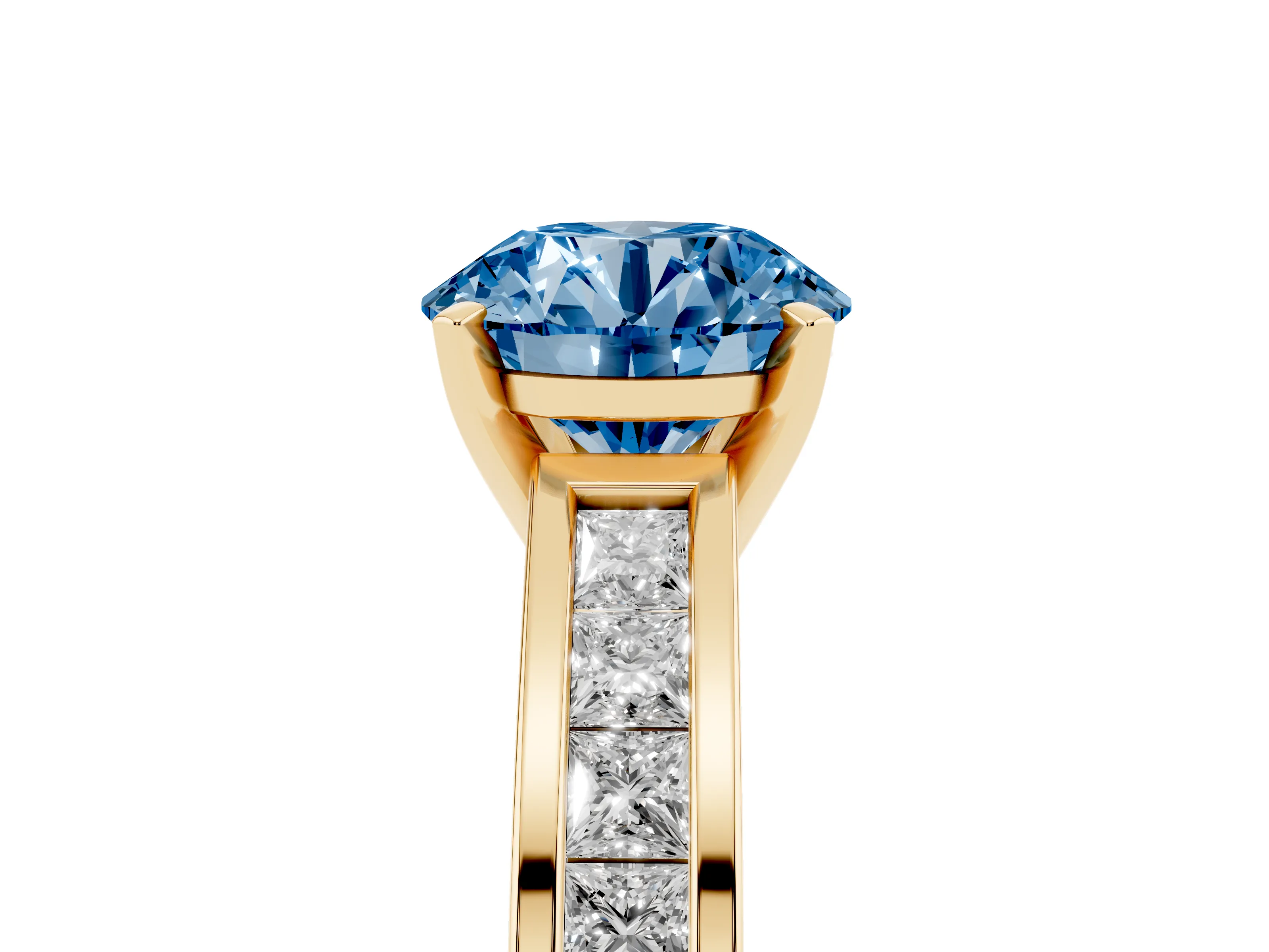 Fancy Blue Round Cut Diamond Solitaire Ring Set in Yellow gold with Channel-Set Band and Prong Setting