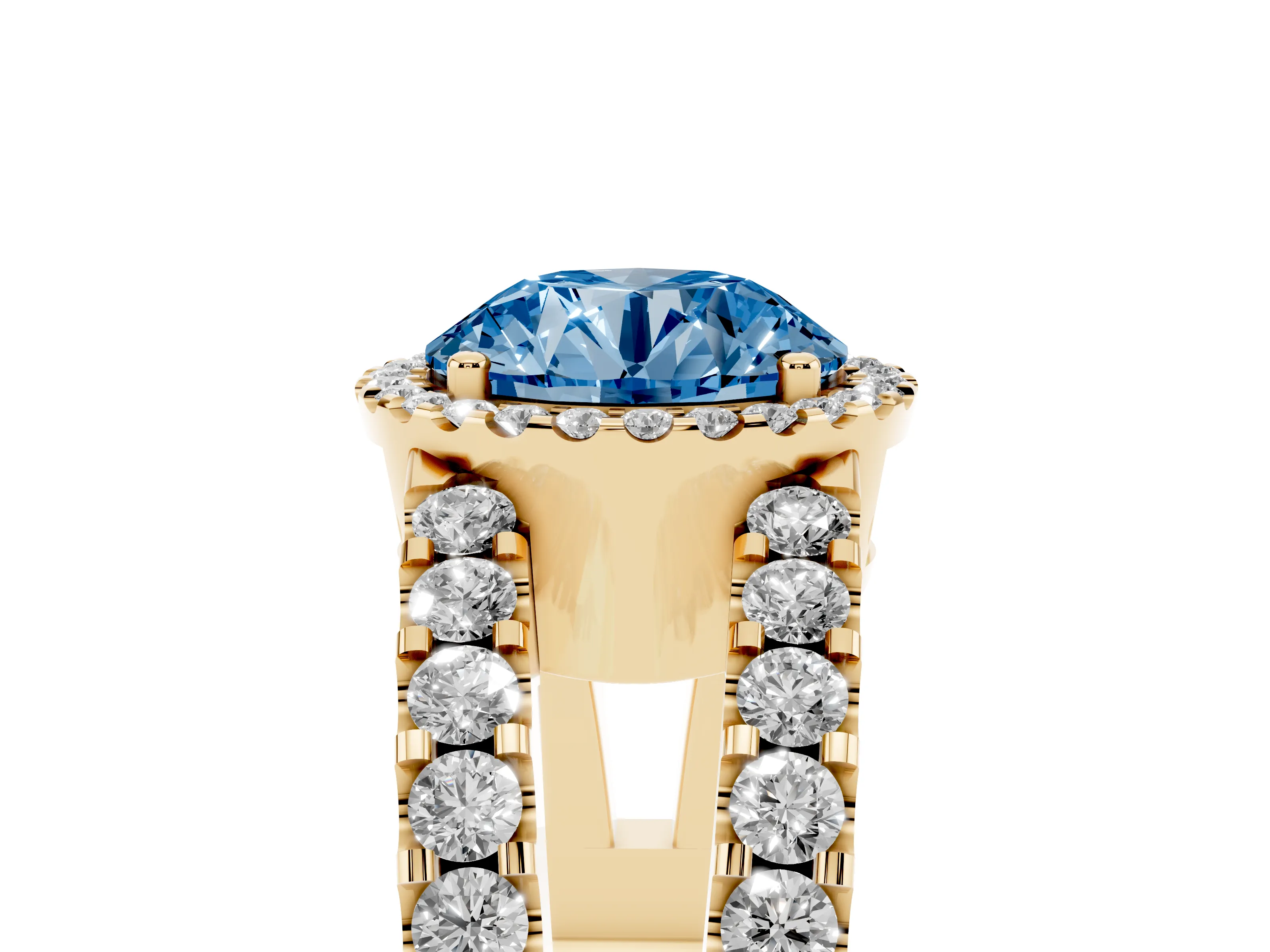 Fancy Blue Round Cut Diamond Halo Ring Set in Yellow gold with Pavé Split Shank and Prong Setting