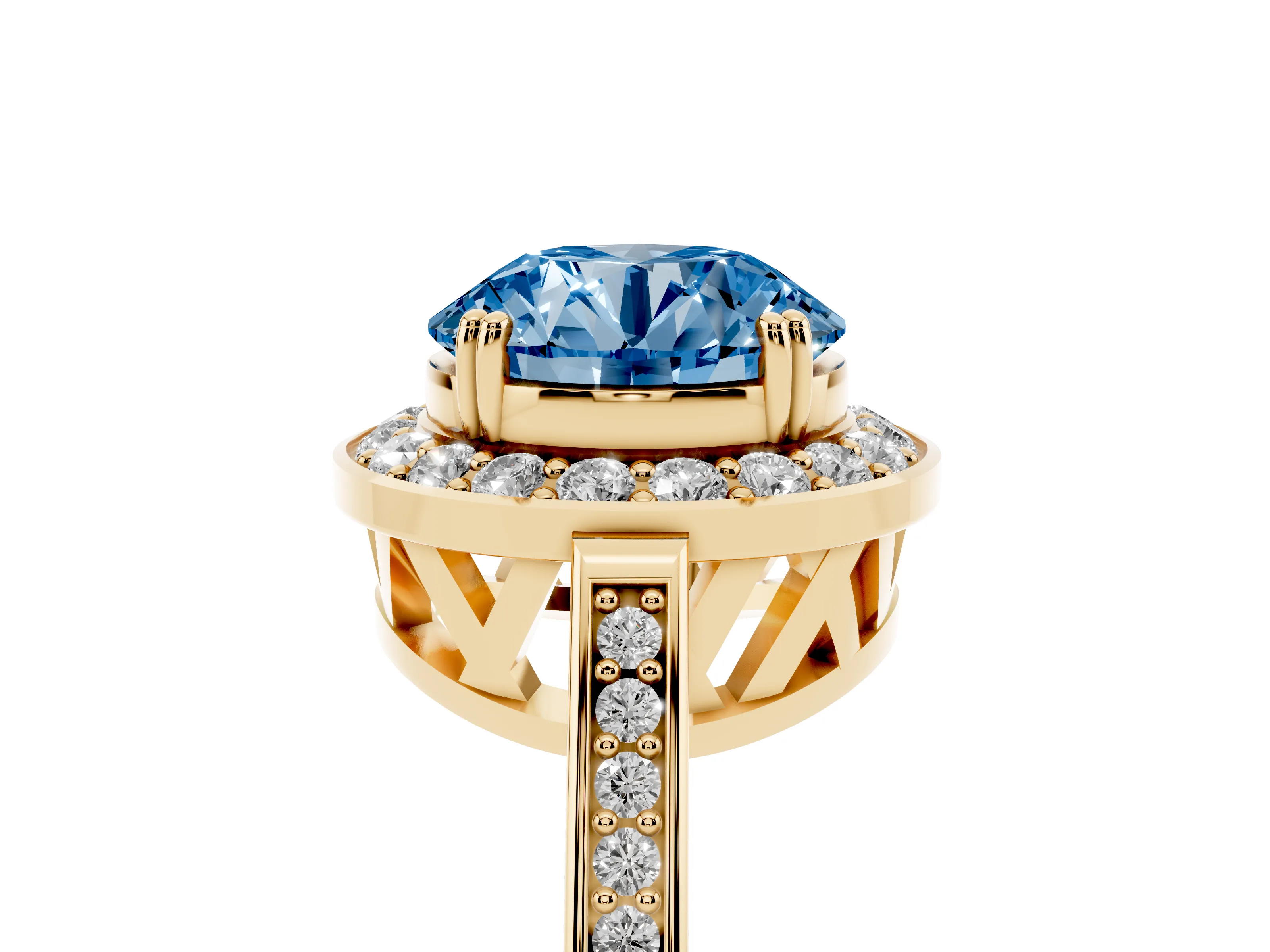 Fancy Blue Round Cut Diamond Halo Ring Set in Yellow gold with Accent-Lined Split Shank and Prong Setting