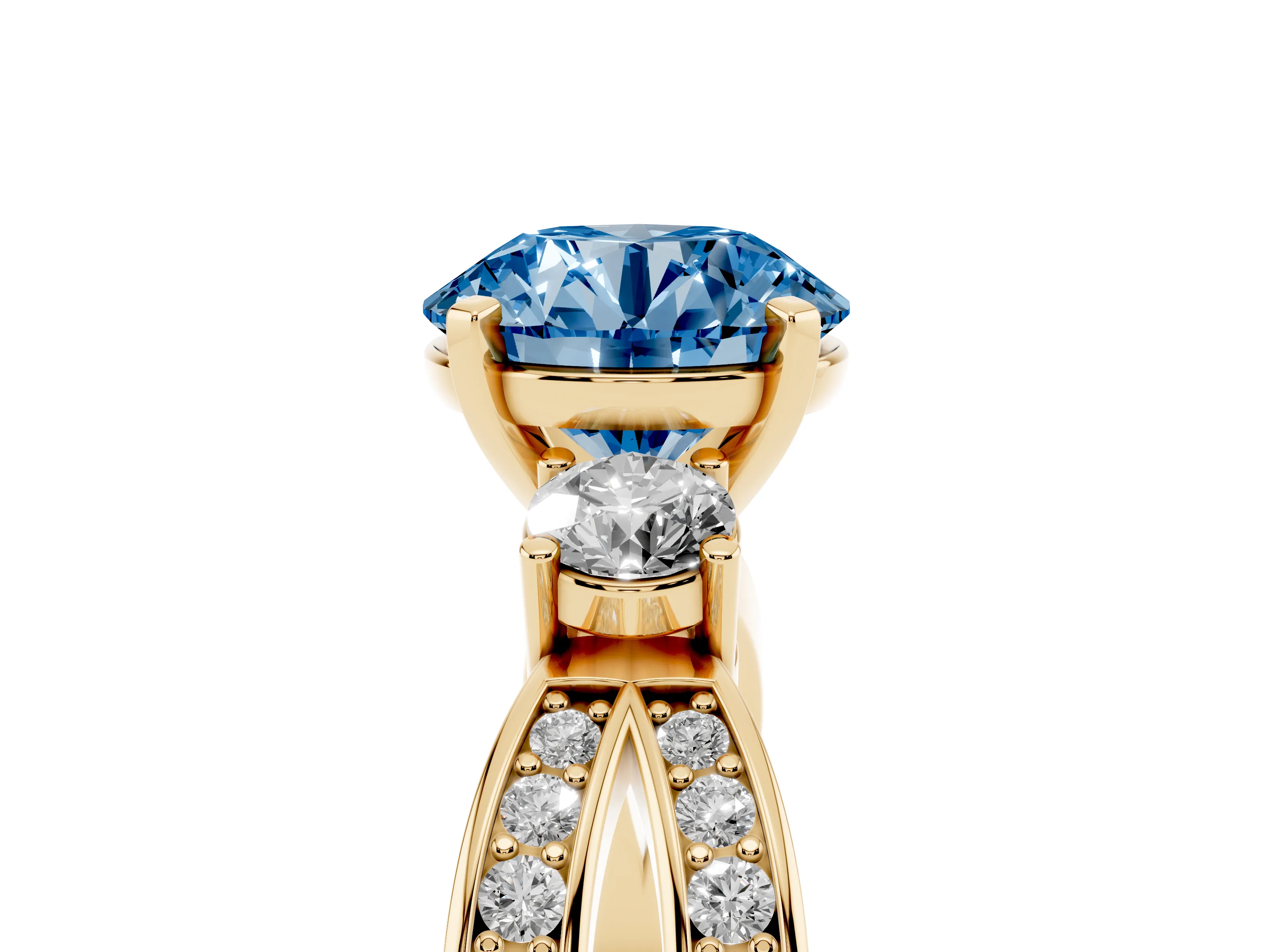 Fancy Blue Three-Stone Round Cut Diamond Twist Band Ring Set in Yellow gold with Pavé Accents and Prong Setting