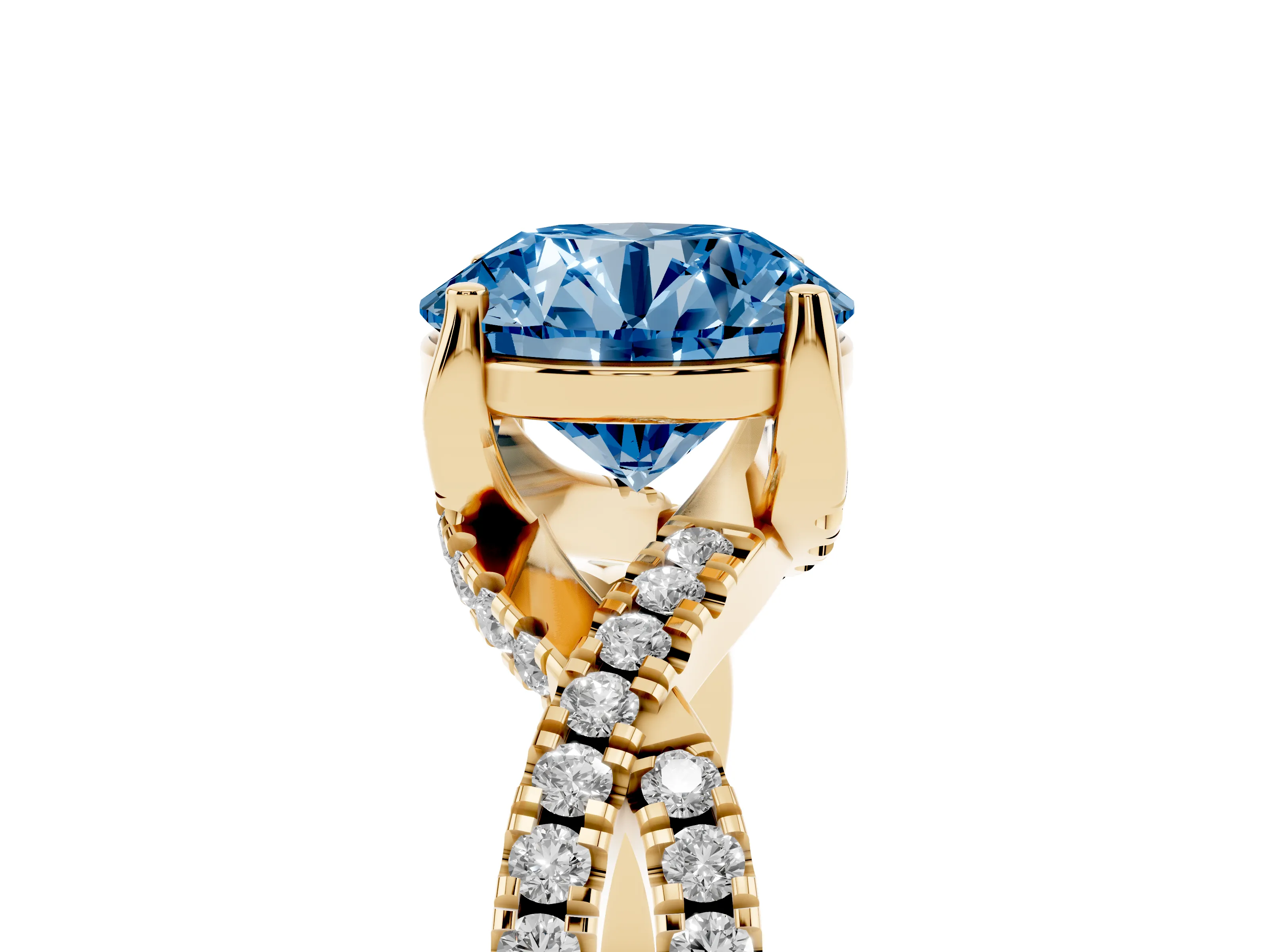 Fancy Blue Round Cut Diamond Twist Pavé Solitaire Engagement Ring Set in Yellow gold with Prong Setting