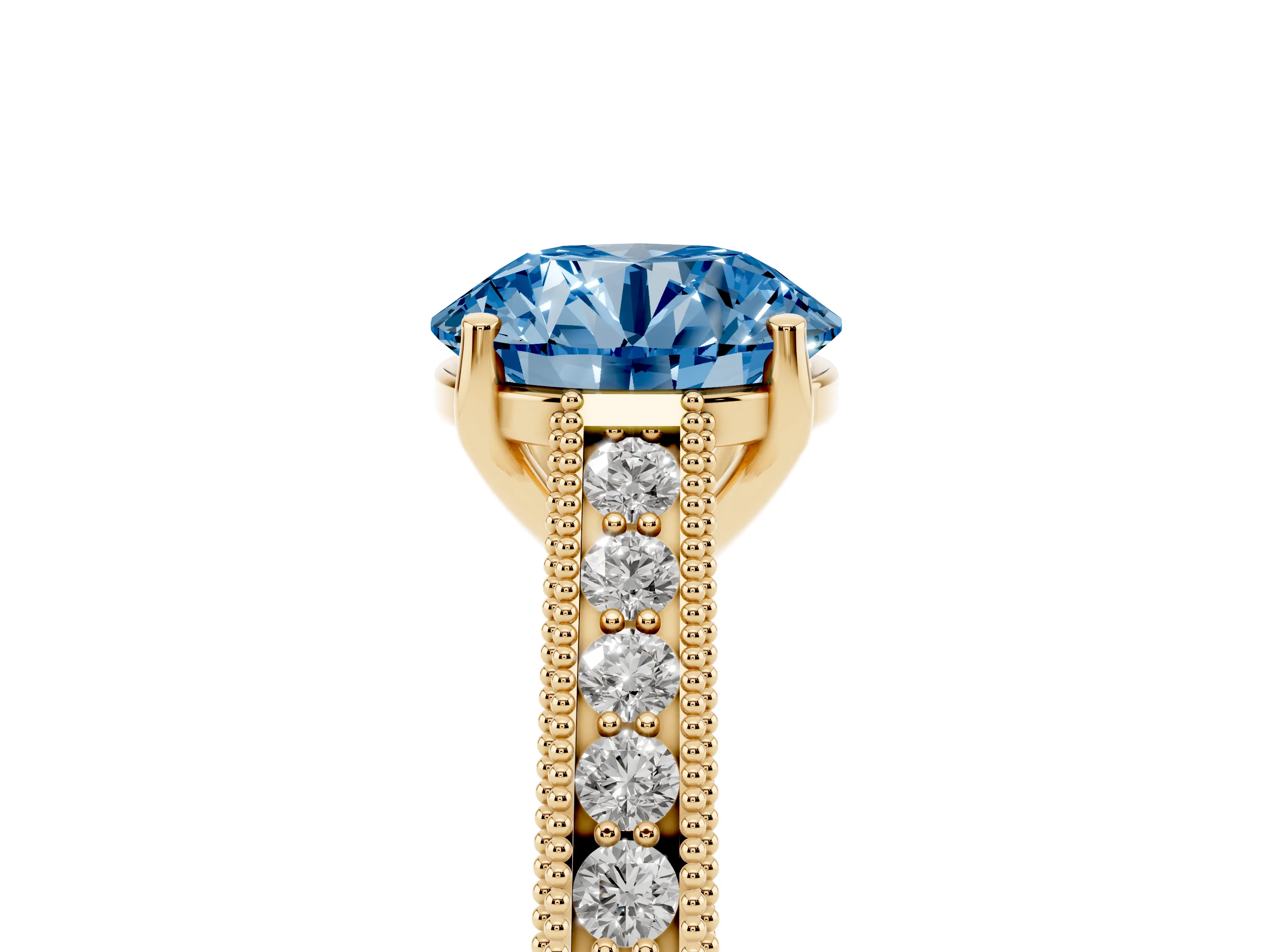 Fancy Blue Round Cut Diamond Milgrain Pavé Band Solitaire Ring Set in Yellow gold with Prong Setting