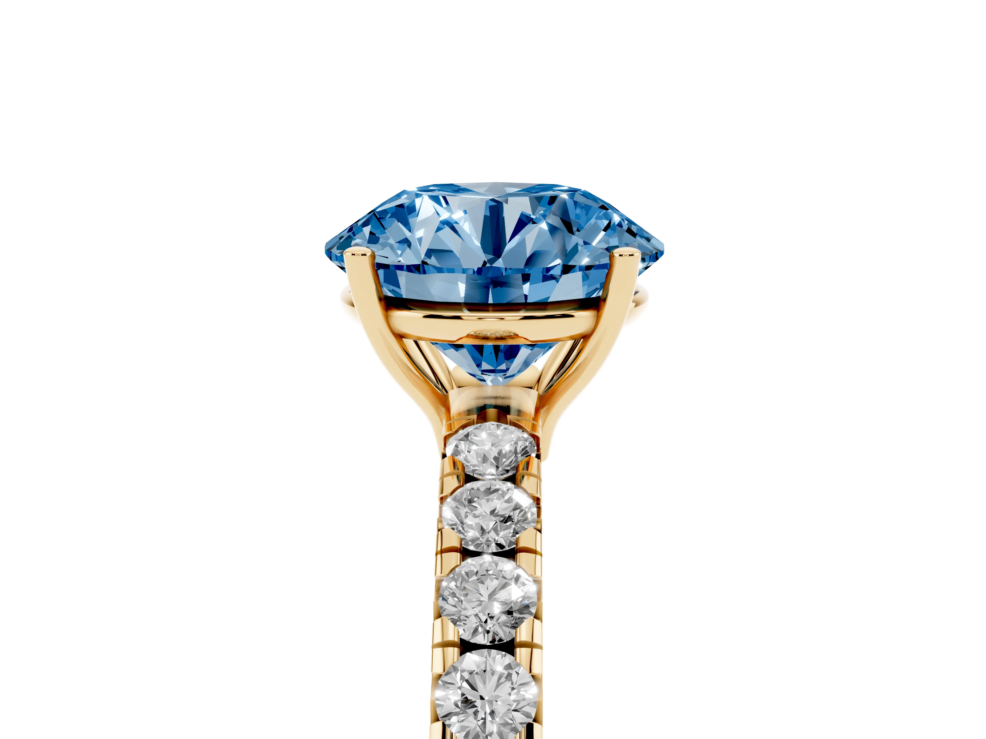 Fancy Blue Round Cut Diamond Pavé Solitaire Engagement Ring Set in Yellow gold with Prong Setting