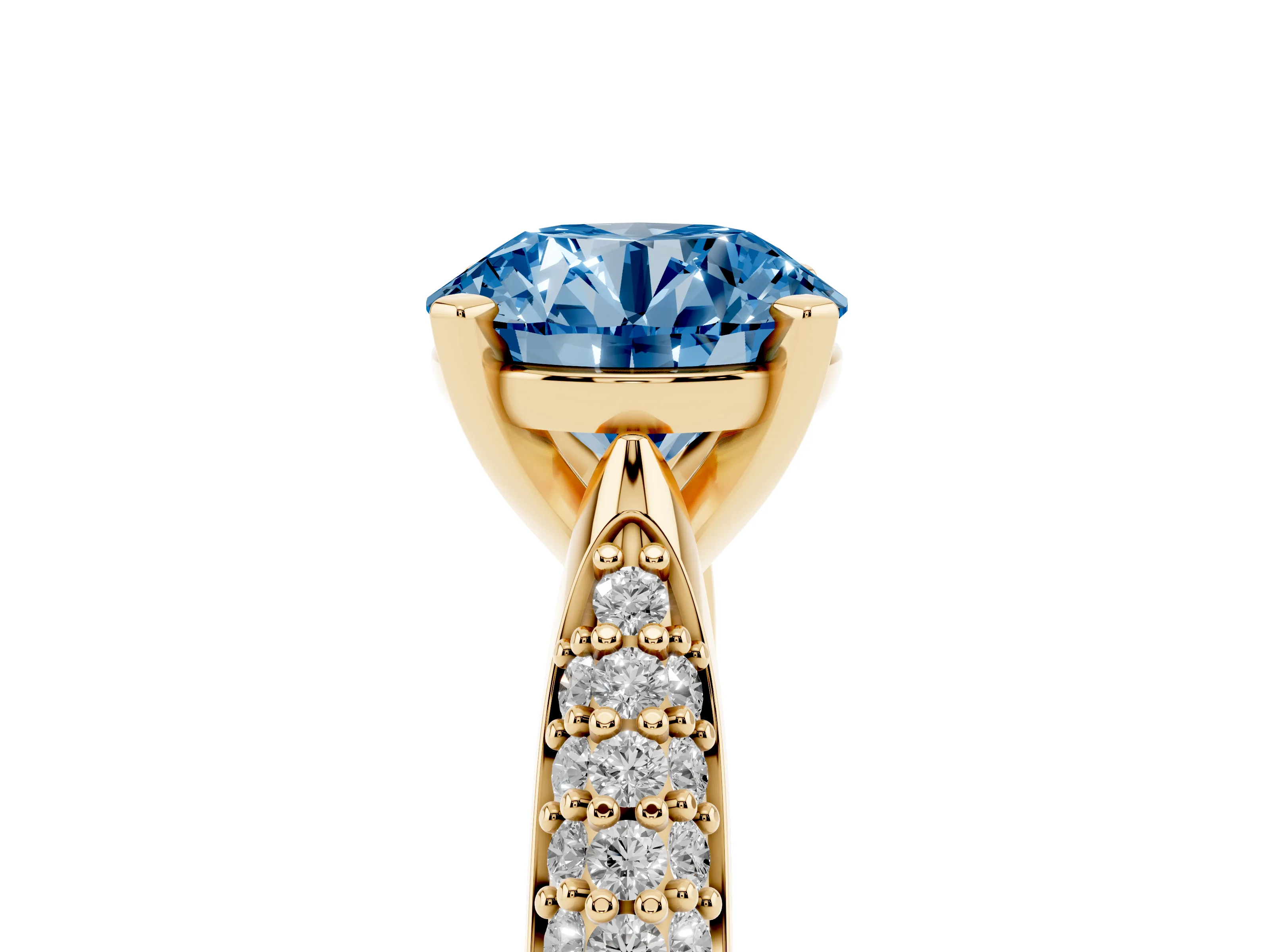 Fancy Blue Round Cut Diamond Solitaire Engagement Ring Set in Yellow gold with Multi-Row Round Pavé Band and Prong Setting