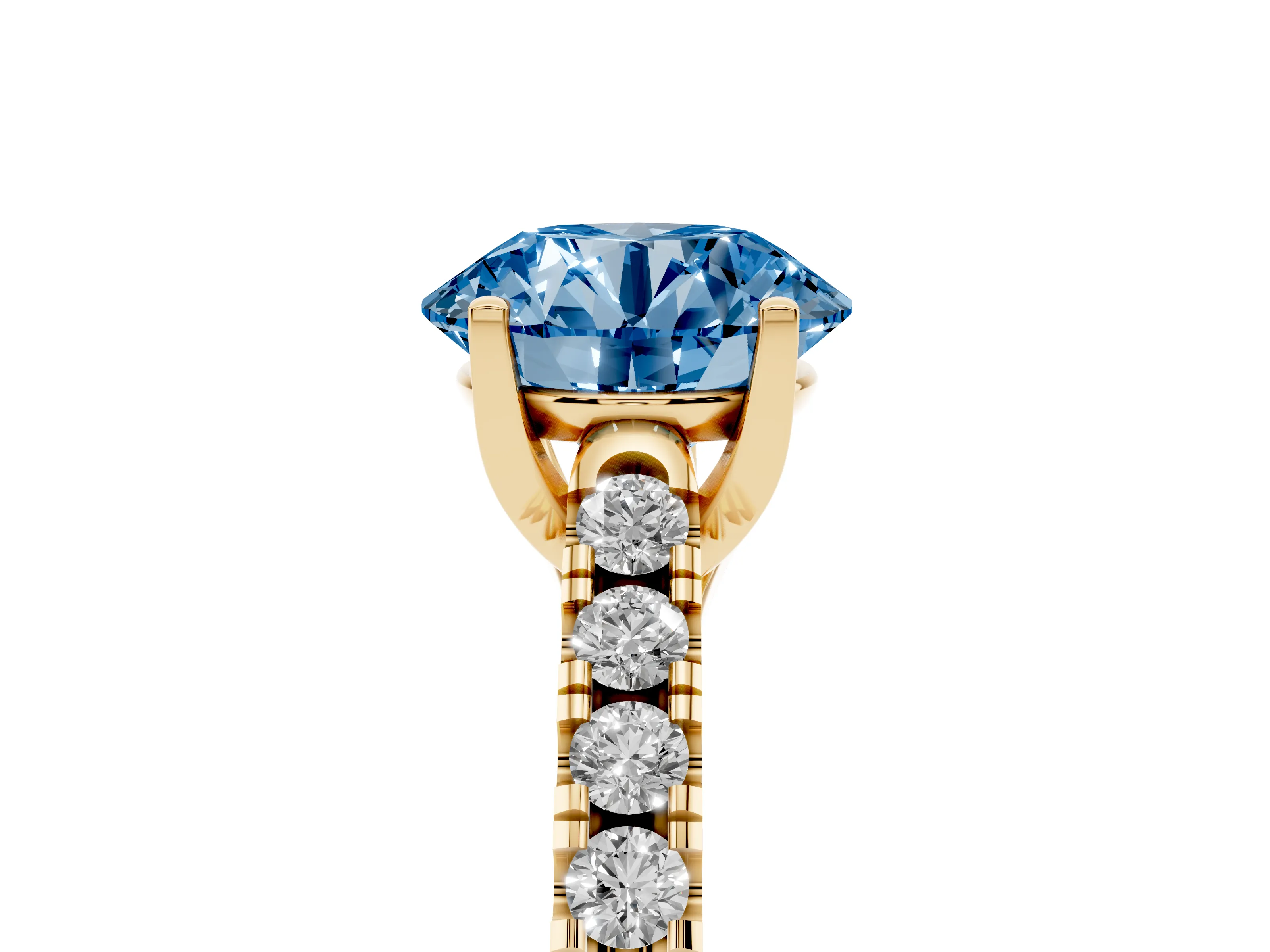 Fancy Blue Round Cut Diamond Pavé Band Solitaire Ring Set in Yellow gold with Partway Accent Stones and Prong Setting