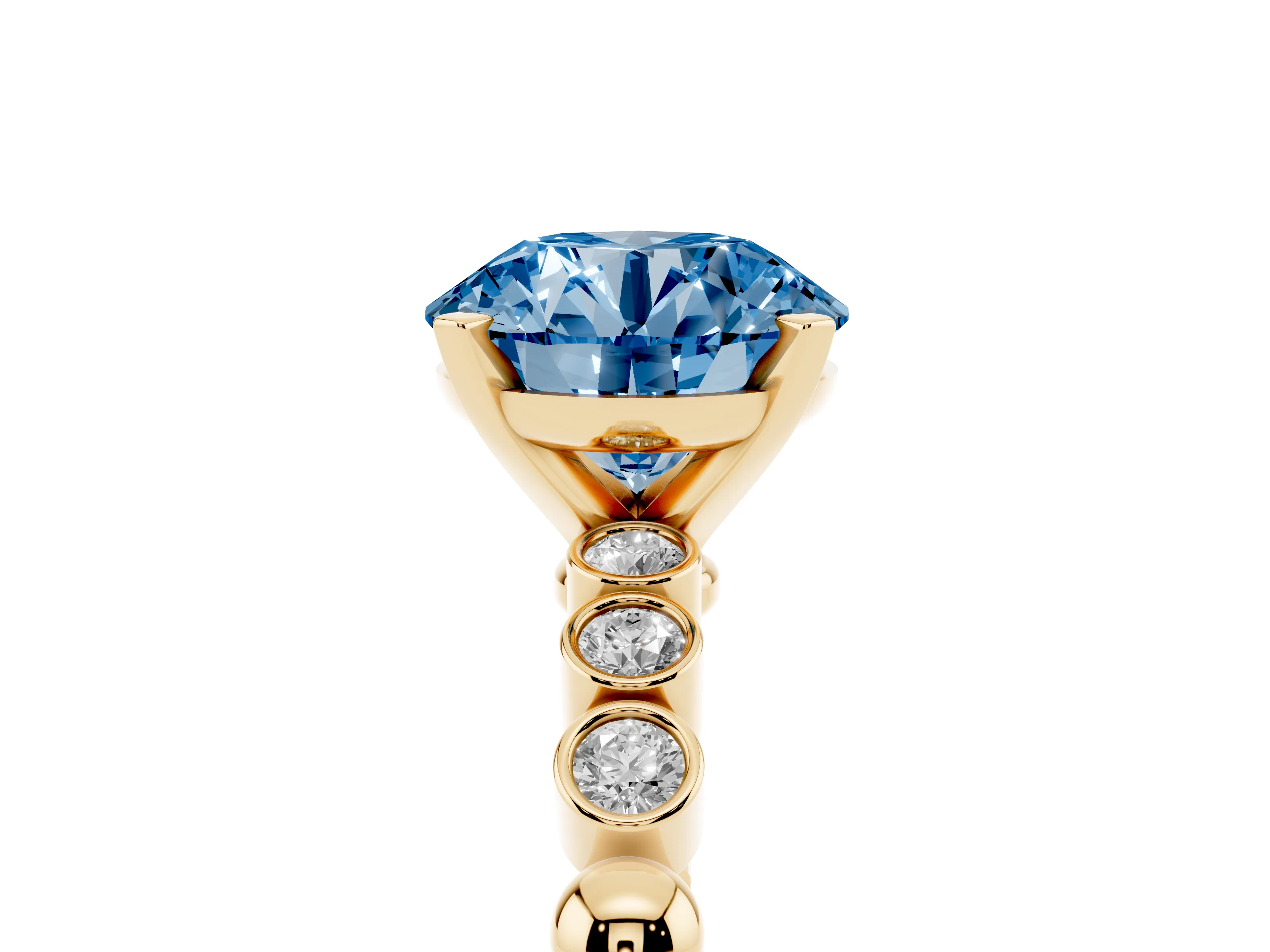 Fancy Blue Round Cut Diamond Solitaire Engagement Ring Set in Yellow gold with Bezel Accents on Beaded Band