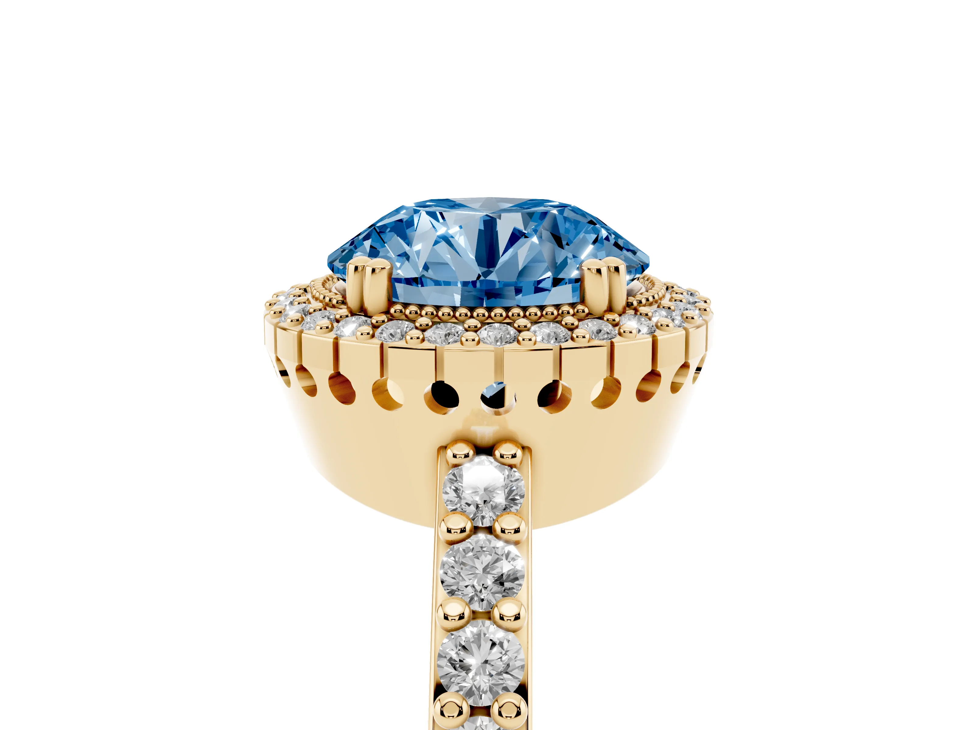 Fancy Blue Round Cut Diamond Halo Engagement Ring Set in Yellow gold with Milgrain Detail and Pavé Band