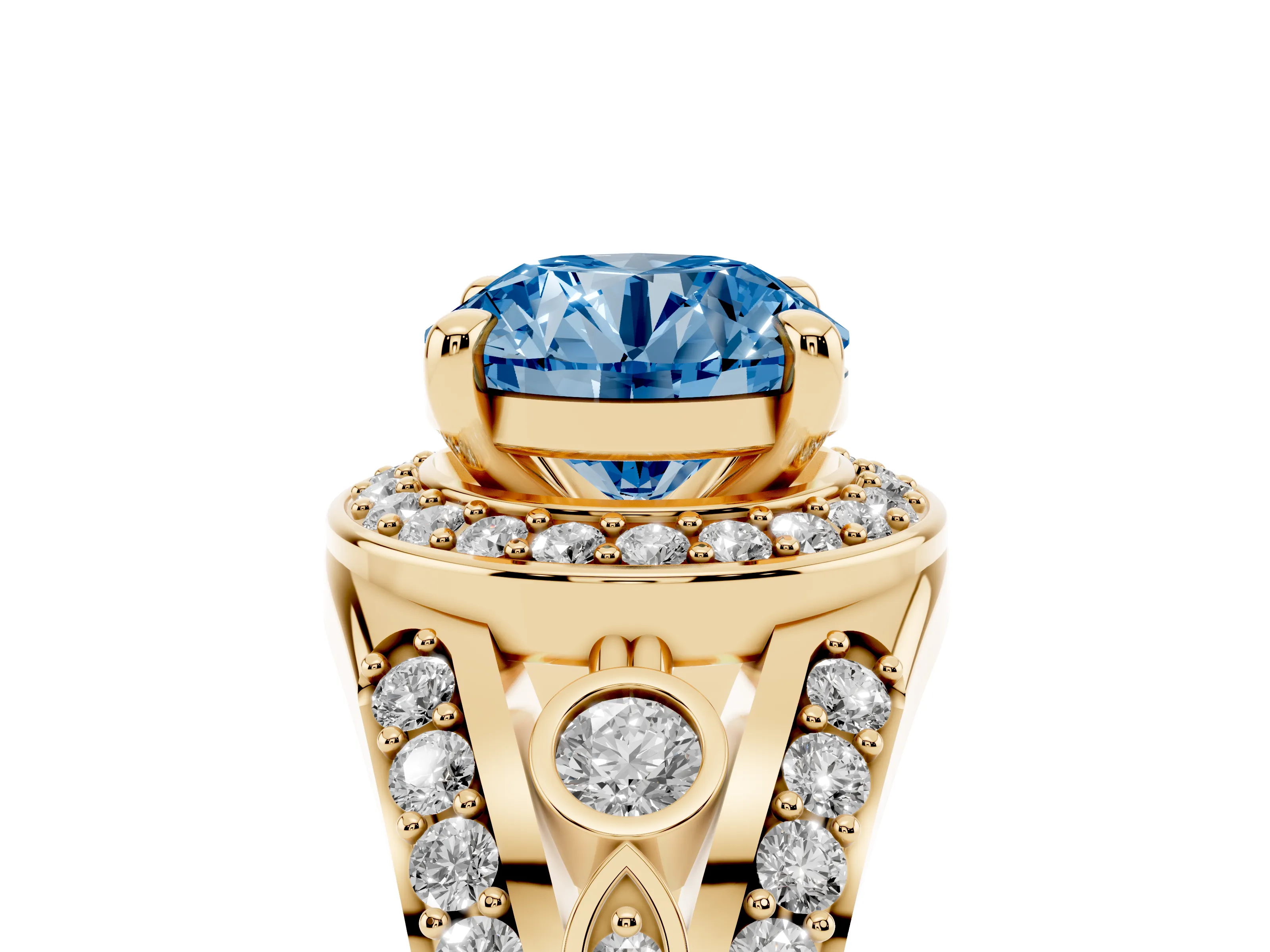 Fancy Blue Round Cut Diamond Halo Ring Set in Yellow gold with Pavé Split Shank and Bezel Accents